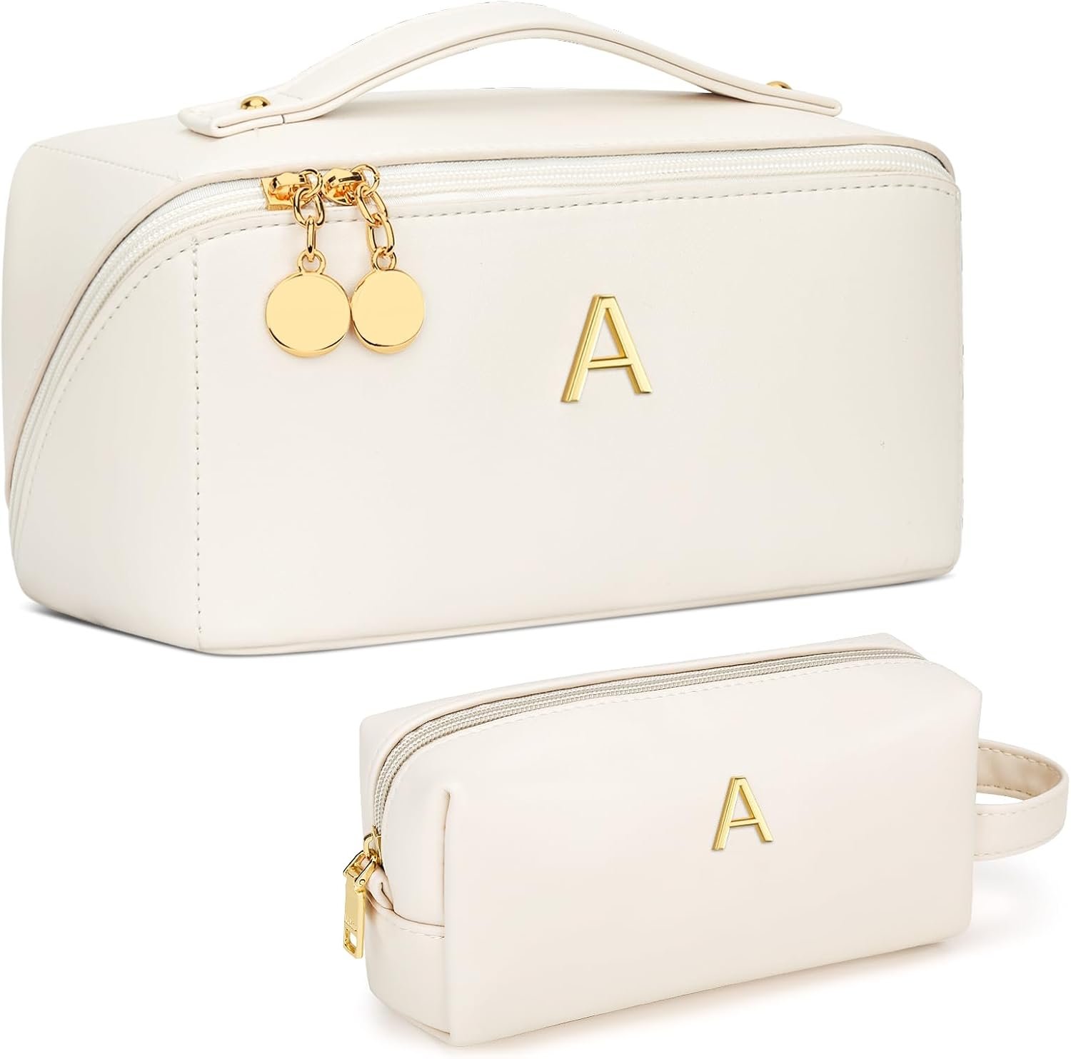 Custom Logo Initial Makeup Bag for Women Personalized Private Label Travel Toiletry Cosmetic Bag Set PU Leather Open Flat Design Top Handle Multi-Pocket from Manufacturer (Beige,A)