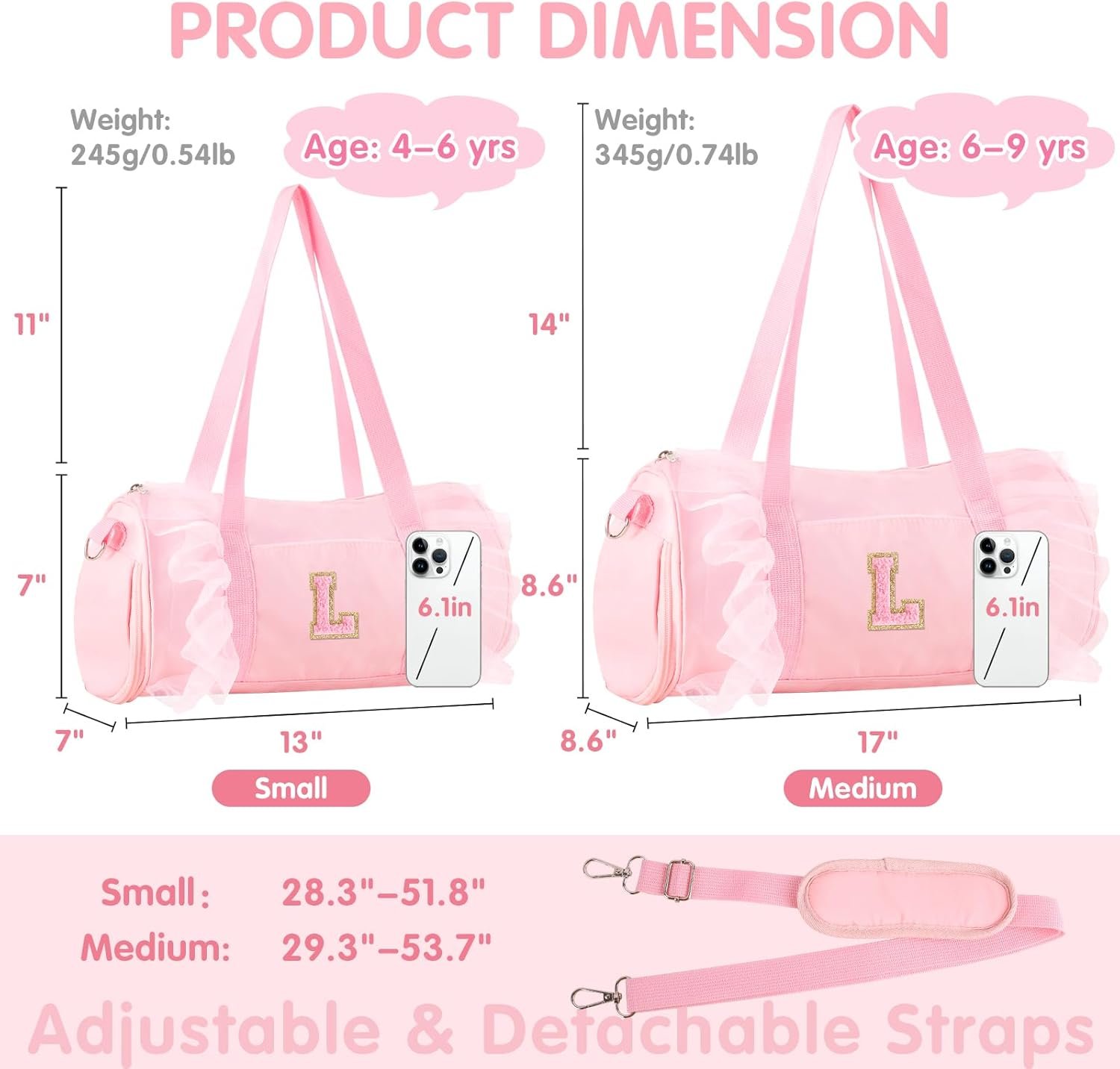 Private Label Personalized Initial Dance Bag Small for Girls 4-6 Lace Gym Sport Yoga Cheer Ballet Toddler Duffel Tote with Adjustable Straps Factory Direct Custom Logo Pink