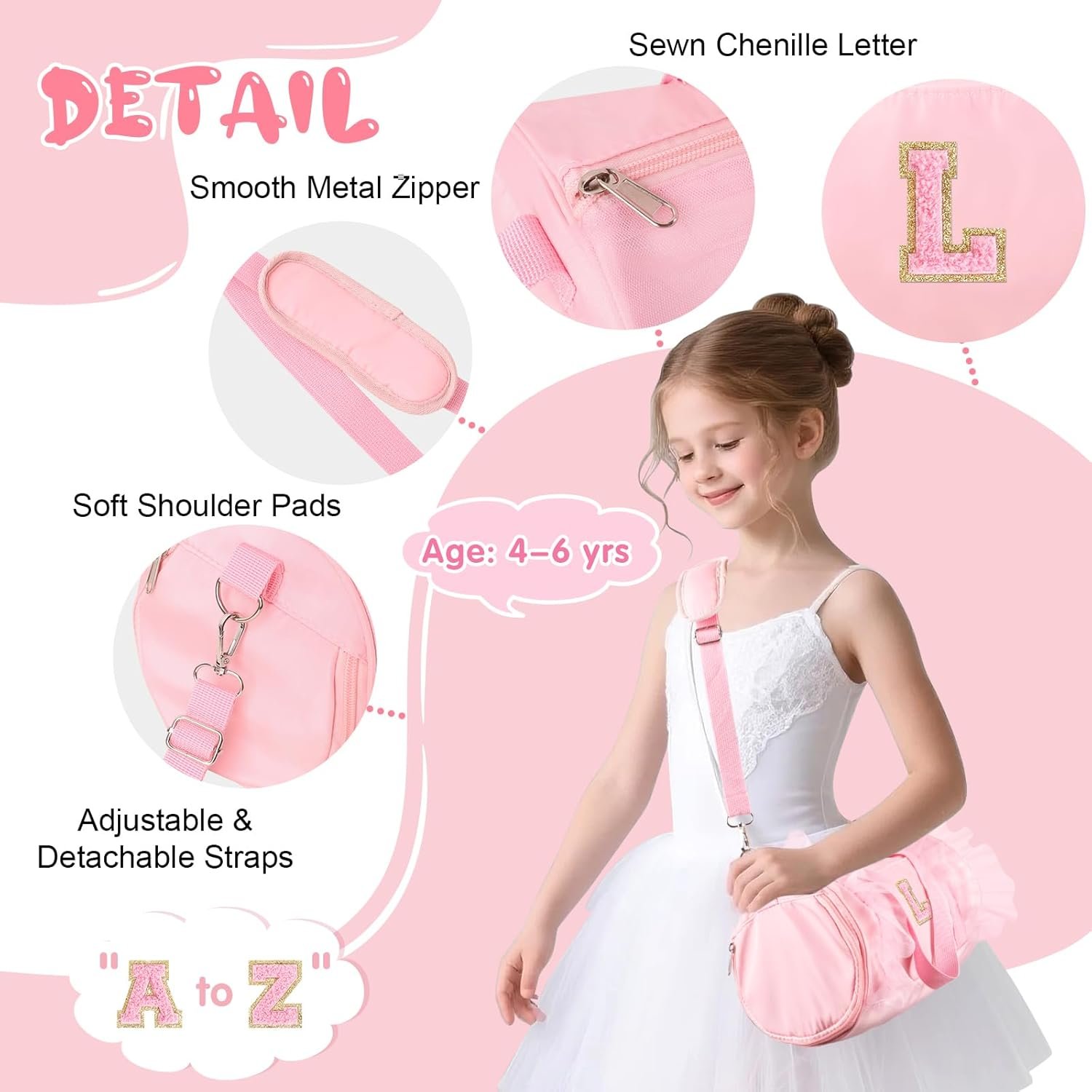 Private Label Personalized Initial Dance Bag Small for Girls 4-6 Lace Gym Sport Yoga Cheer Ballet Toddler Duffel Tote with Adjustable Straps Factory Direct Custom Logo Pink