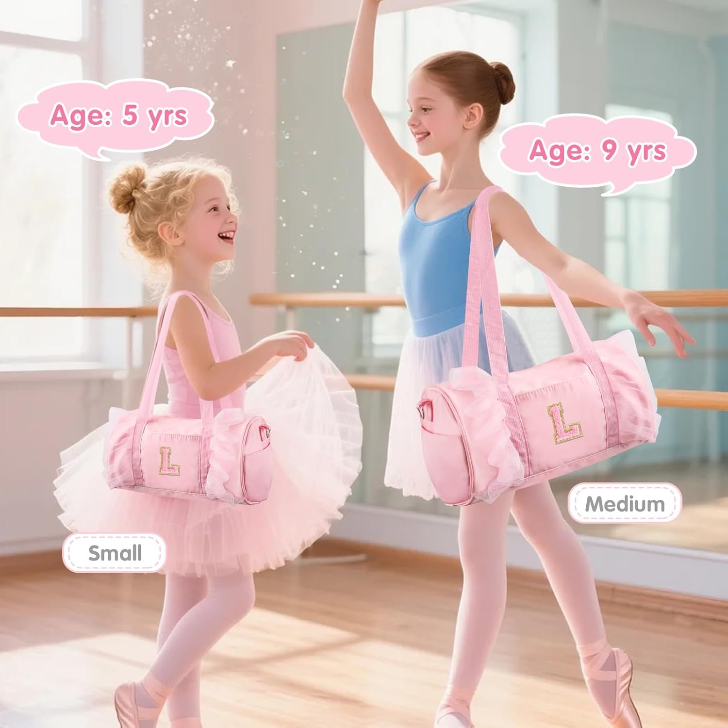 Private Label Personalized Initial Dance Bag Small for Girls 4-6 Lace Gym Sport Yoga Cheer Ballet Toddler Duffel Tote with Adjustable Straps Factory Direct Custom Logo Pink