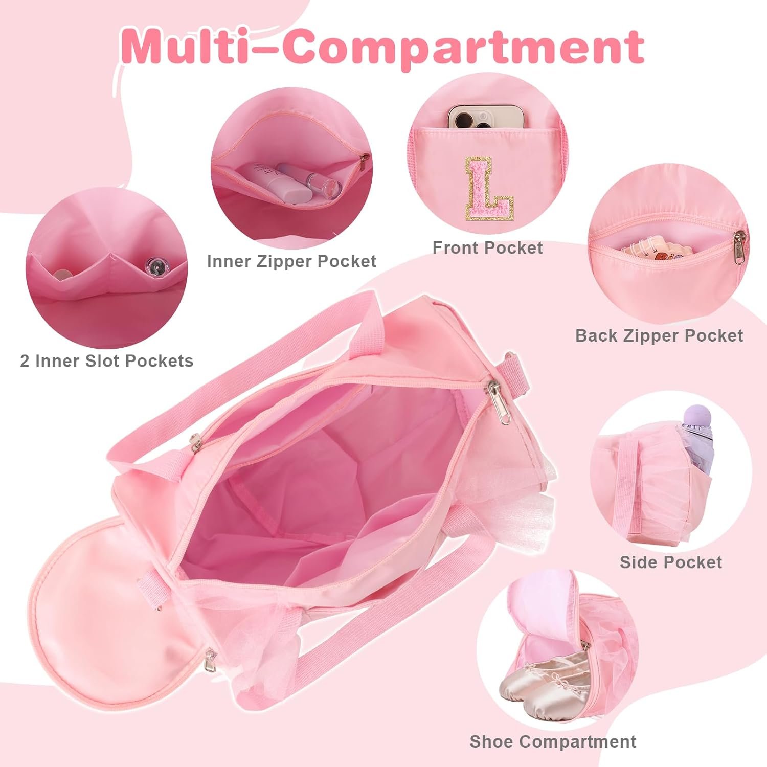Private Label Personalized Initial Dance Bag Small for Girls 4-6 Lace Gym Sport Yoga Cheer Ballet Toddler Duffel Tote with Adjustable Straps Factory Direct Custom Logo Pink