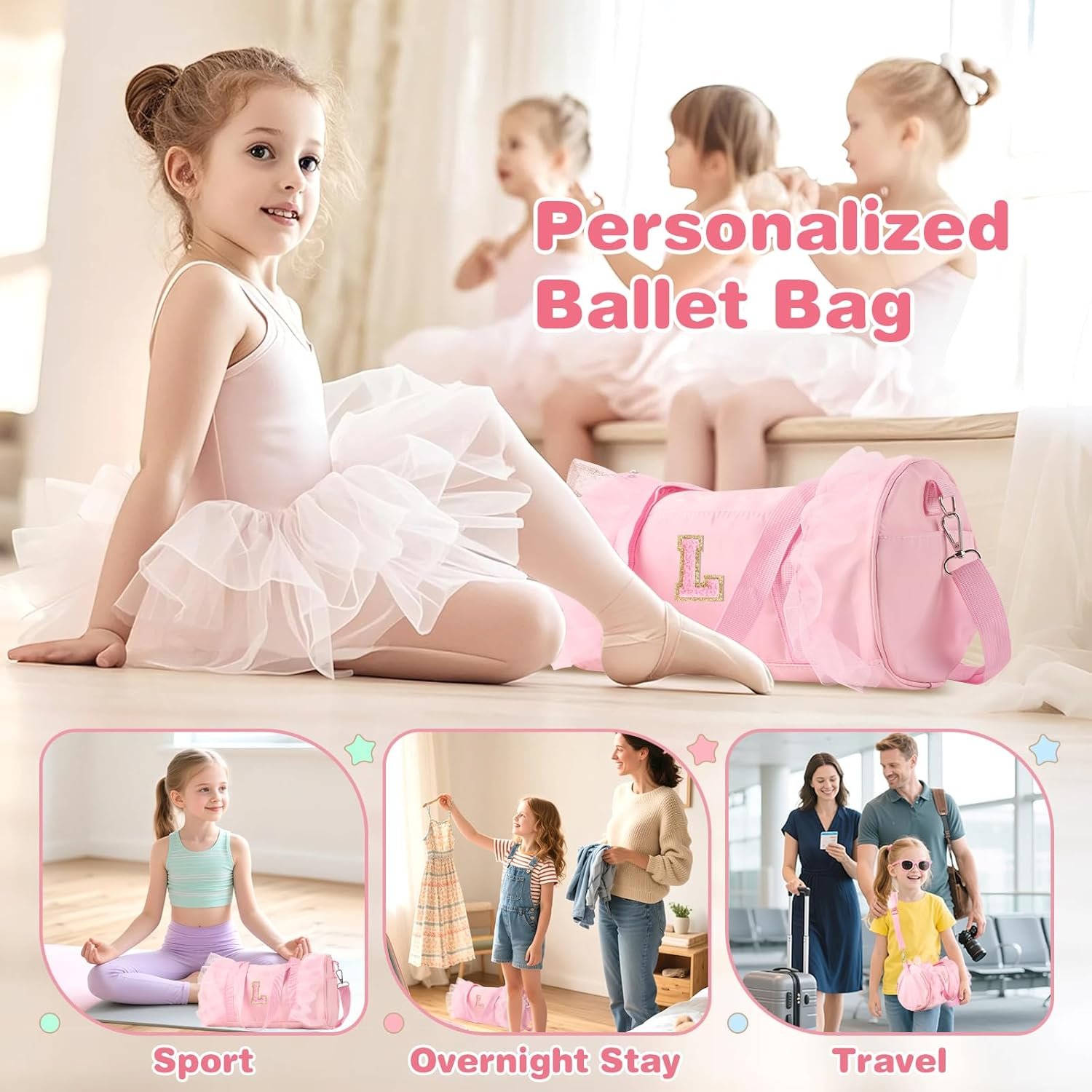 Private Label Personalized Initial Dance Bag Small for Girls 4-6 Lace Gym Sport Yoga Cheer Ballet Toddler Duffel Tote with Adjustable Straps Factory Direct Custom Logo Pink