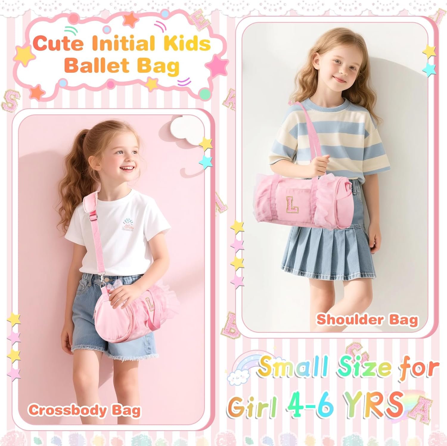 Private Label Personalized Initial Dance Bag Small for Girls 4-6 Lace Gym Sport Yoga Cheer Ballet Toddler Duffel Tote with Adjustable Straps Factory Direct Custom Logo Pink