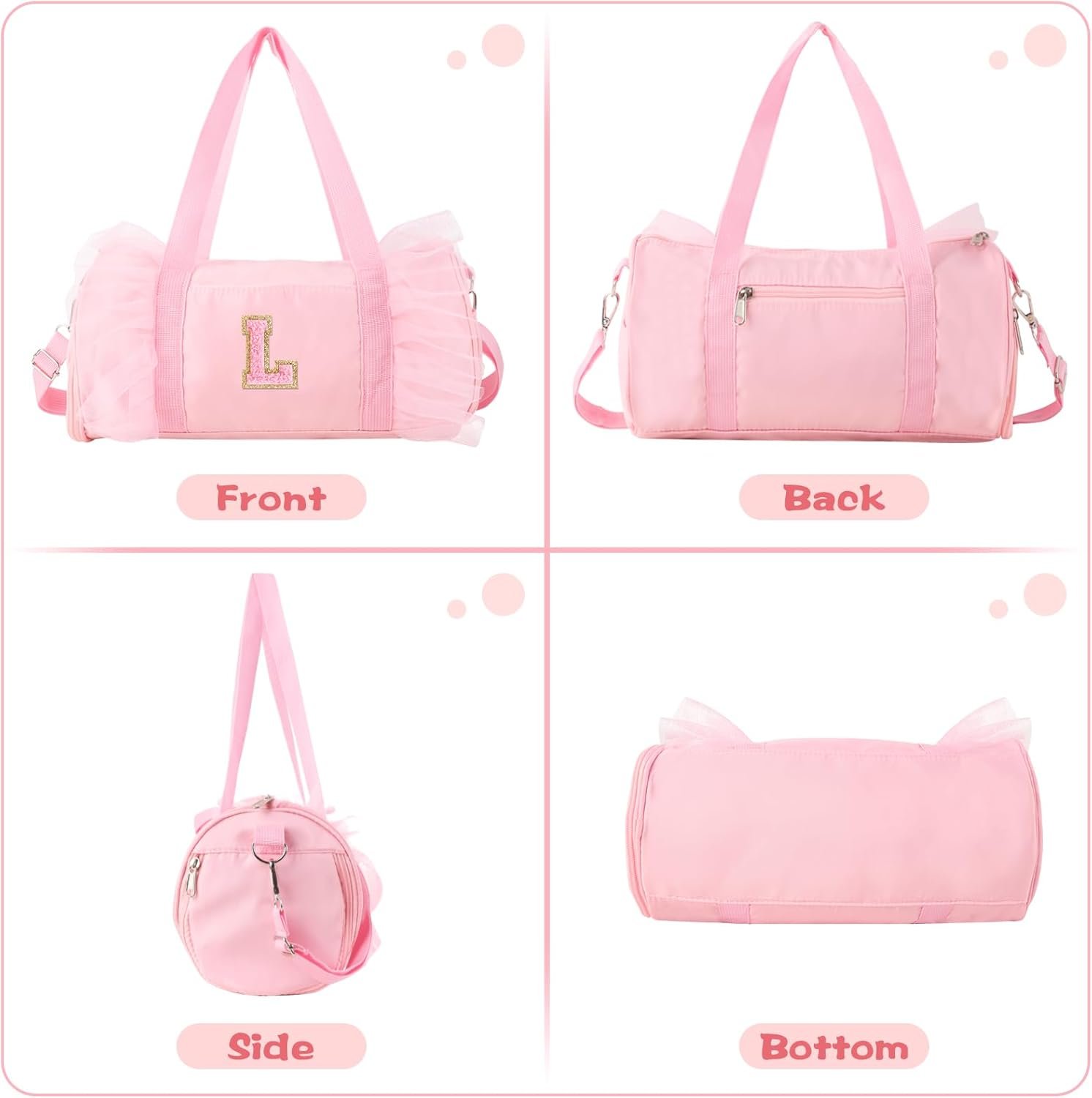 Private Label Personalized Initial Dance Bag Small for Girls 4-6 Lace Gym Sport Yoga Cheer Ballet Toddler Duffel Tote with Adjustable Straps Factory Direct Custom Logo Pink