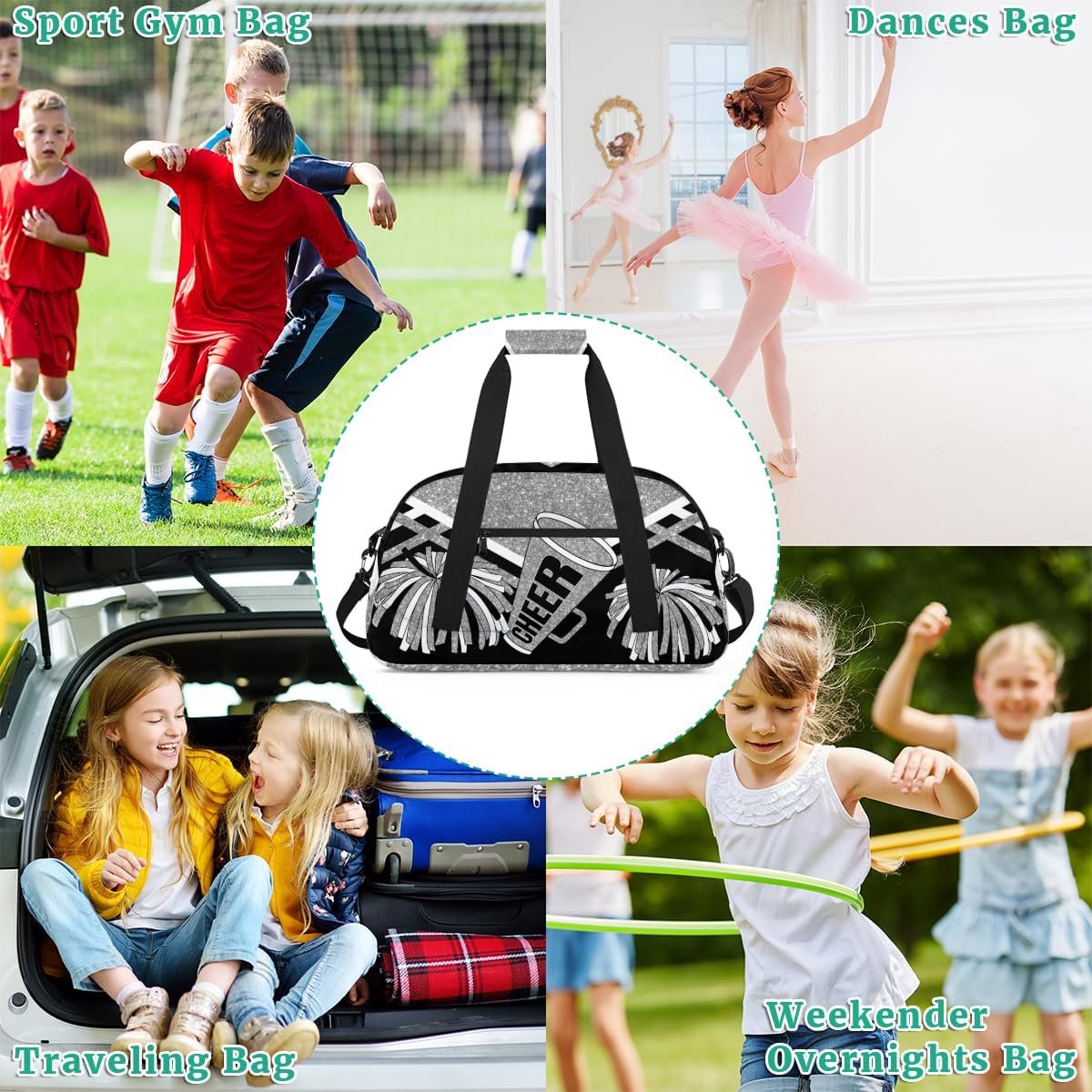 Private Label Cheerleading Dance Bag for Girls Sports Gym Duffel Weekender Custom Logo Lightweight Travel Dancing Cheerleaders Silver Black Glitters Print Effect Manufacturer