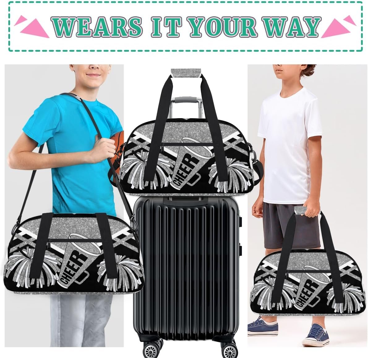 Private Label Cheerleading Dance Bag for Girls Sports Gym Duffel Weekender Custom Logo Lightweight Travel Dancing Cheerleaders Silver Black Glitters Print Effect Manufacturer