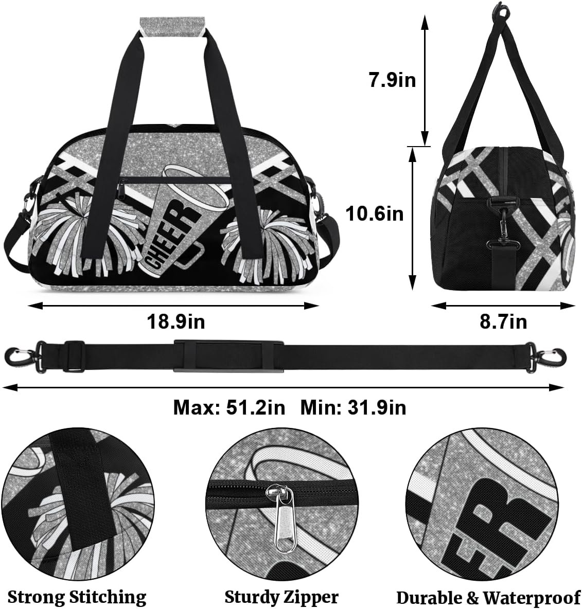 Private Label Cheerleading Dance Bag for Girls Sports Gym Duffel Weekender Custom Logo Lightweight Travel Dancing Cheerleaders Silver Black Glitters Print Effect Manufacturer