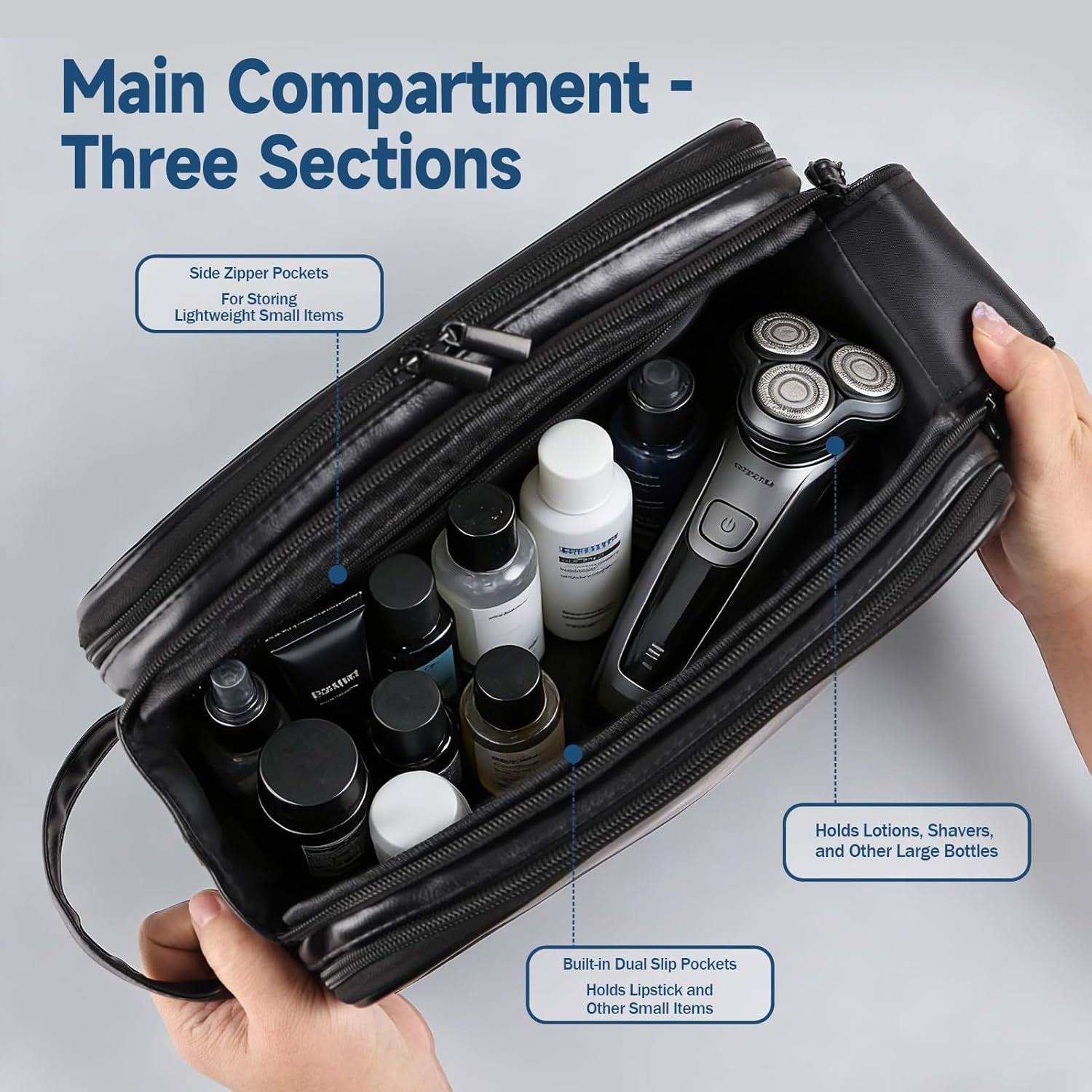 Custom Logo Waterproof Men's Makeup Cosmetic Travel Toiletry Bag Large Opening Bathroom Shaving Dopp Kit Private Label Vertical Free-Standing Large Capacity Storage Black Manufacturer