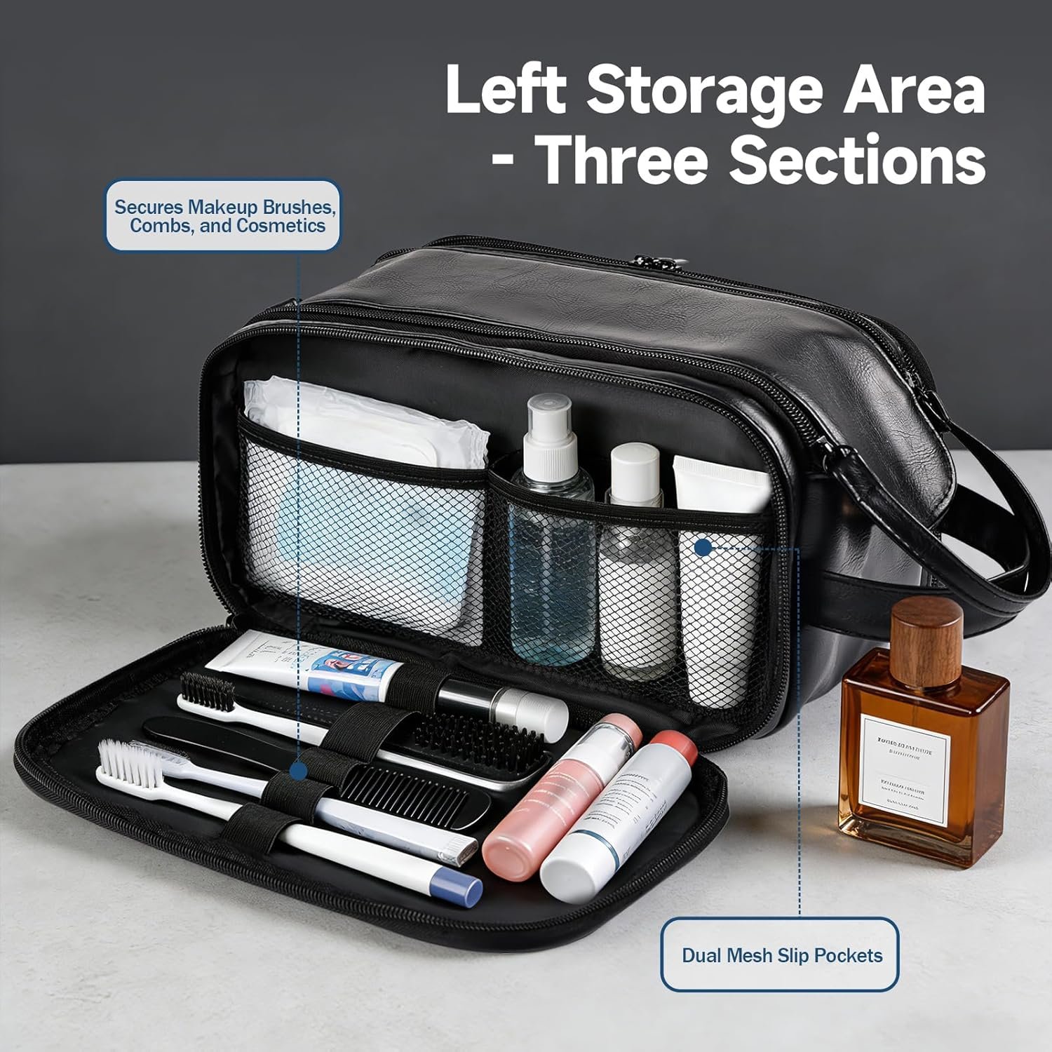 Custom Logo Waterproof Men's Makeup Cosmetic Travel Toiletry Bag Large Opening Bathroom Shaving Dopp Kit Private Label Vertical Free-Standing Large Capacity Storage Black Manufacturer