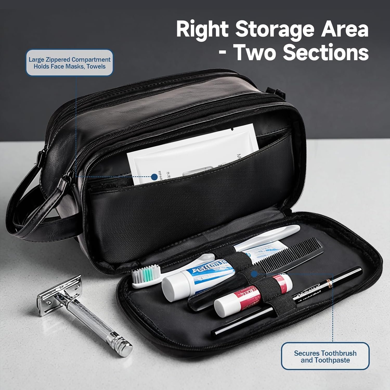 Custom Logo Waterproof Men's Makeup Cosmetic Travel Toiletry Bag Large Opening Bathroom Shaving Dopp Kit Private Label Vertical Free-Standing Large Capacity Storage Black Manufacturer