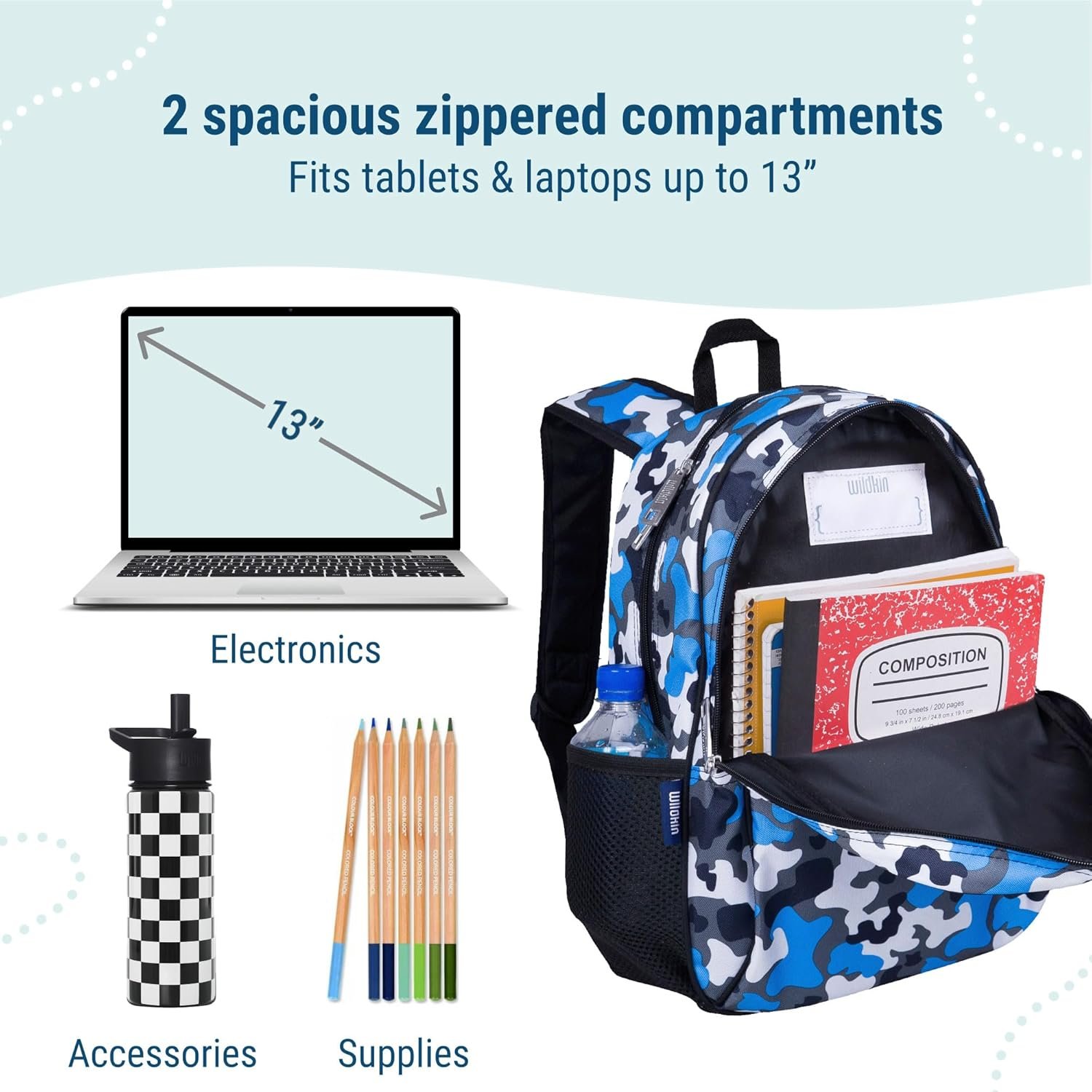 Custom Logo 15-inch Kids Backpack Durable Padded Adjustable Private Label for School & Travel Blue Camo Factory