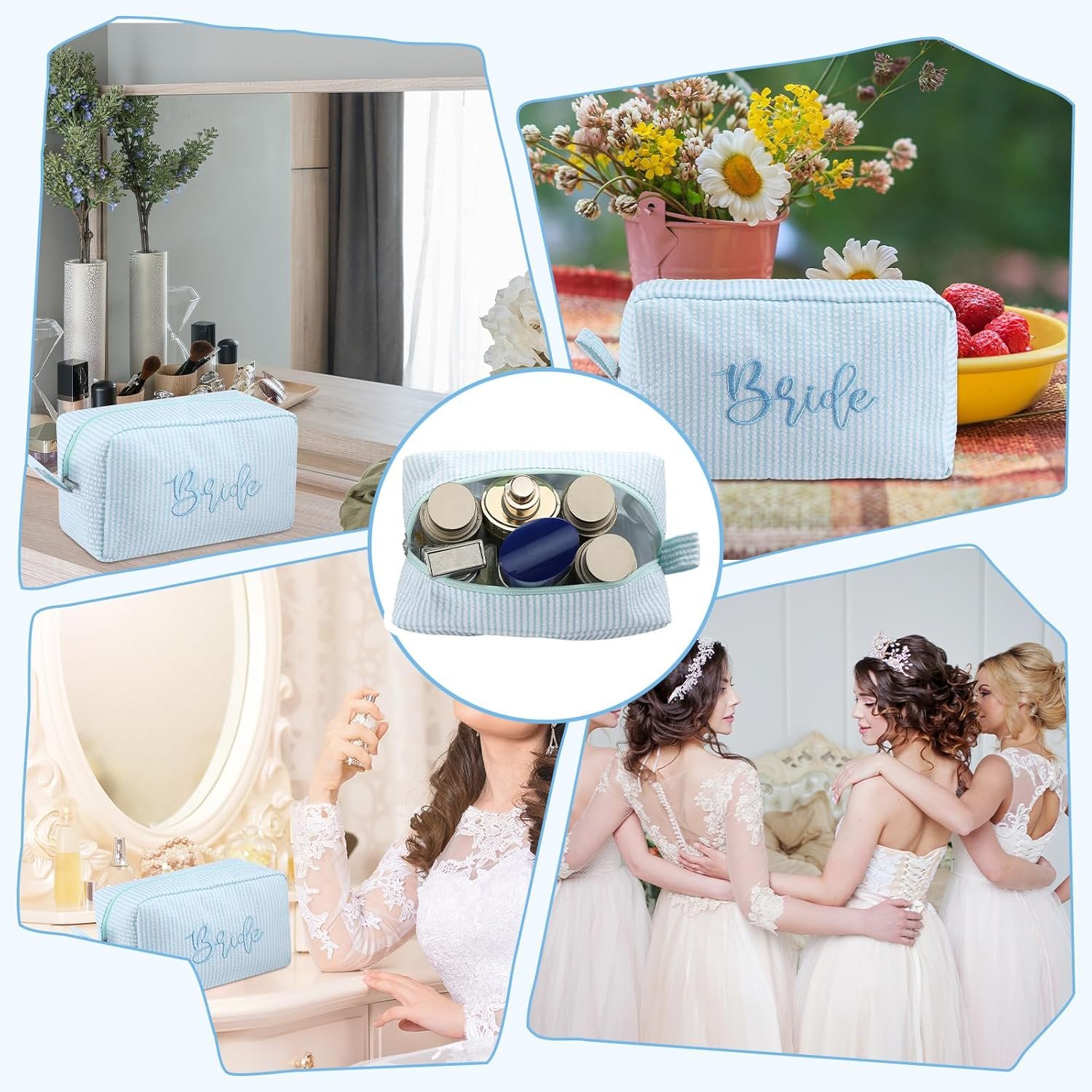 Private Label Seersucker Bridal Makeup Bag for Women Blue and White Striped Travel Cosmetic Bag with Embroidery Bride to Be Gifts Wide Opening Toiletry Pouch with Custom Logo for Makeup Essentials Manufacturer Gift for Her Private Label Seersucker Bridal Makeup Bag for Women Blue and White Striped Travel Cosmetic Bag with Embroidery Bride to Be Gifts Wide Opening Toiletry Pouch with Custom Logo for Makeup Essentials Manufacturer Gift for Her