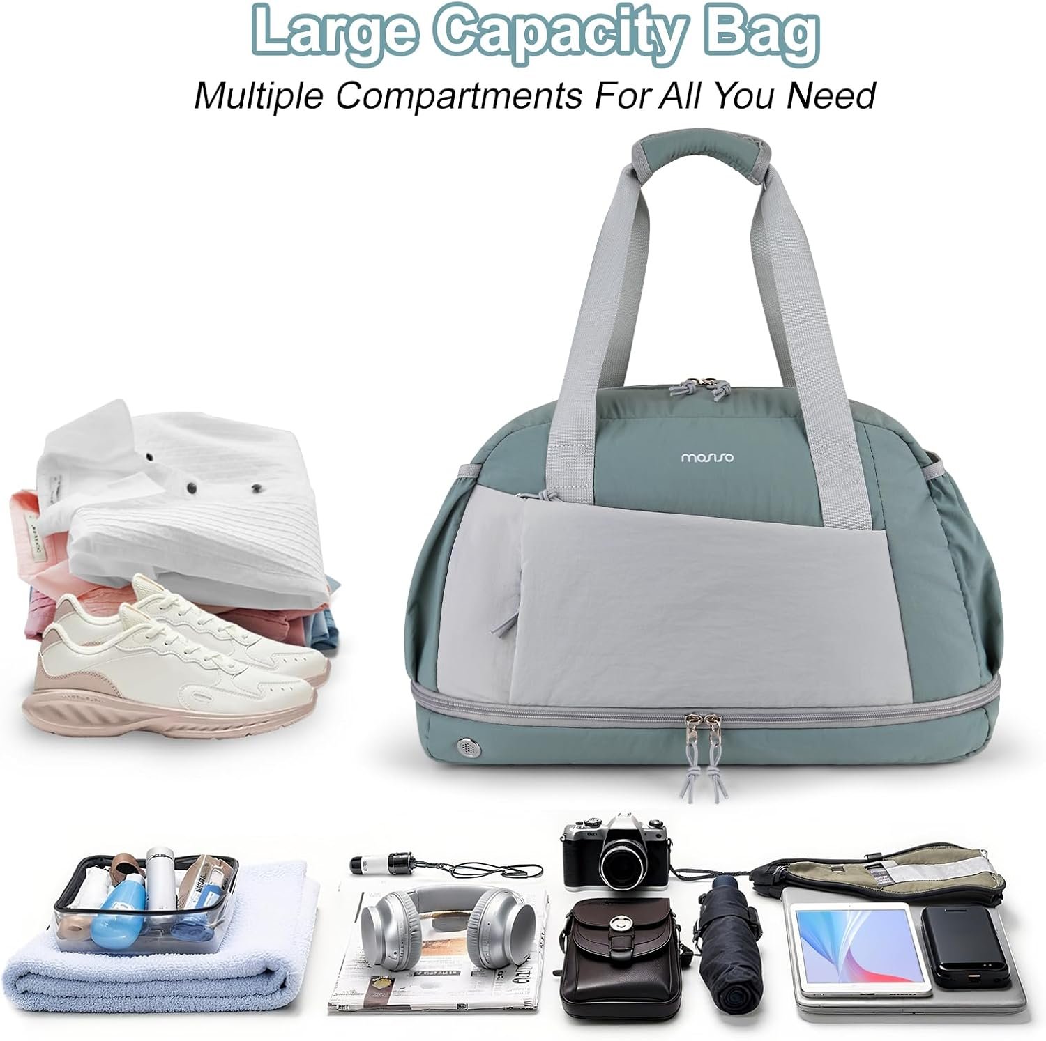 Manufacturer Small Gym Bag for Women Private Label Travel Duffle Carry On Weekender Bag with Shoe Compartment and Front Pocket for Sports Fitness Yoga Custom Logo Green