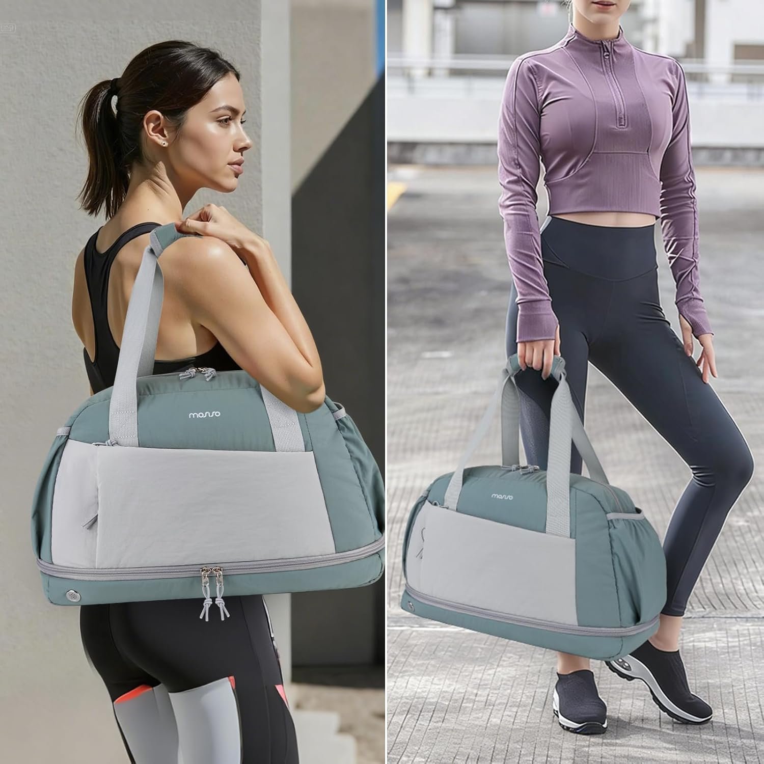 Manufacturer Small Gym Bag for Women Private Label Travel Duffle Carry On Weekender Bag with Shoe Compartment and Front Pocket for Sports Fitness Yoga Custom Logo Green