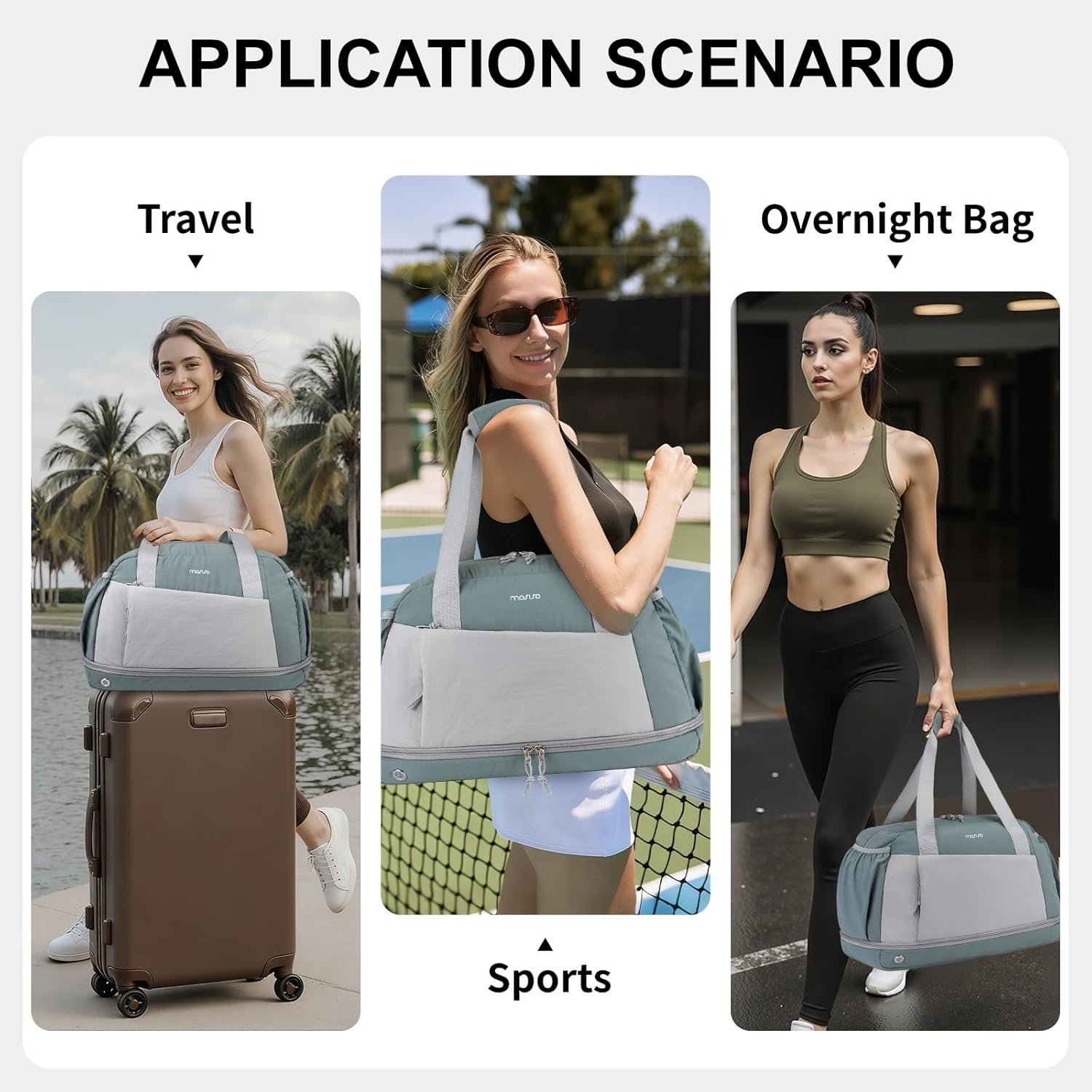 Manufacturer Small Gym Bag for Women Private Label Travel Duffle Carry On Weekender Bag with Shoe Compartment and Front Pocket for Sports Fitness Yoga Custom Logo Green