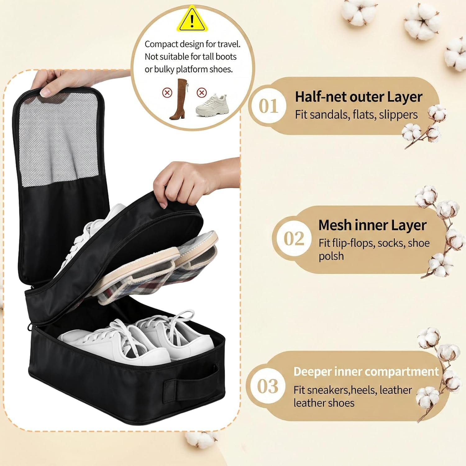 Private Label 2PCS 2-Layer Portable Shoe Storage Bags for Travel Holds 3 Pairs of Shoes Custom Logo Waterproof Visual Shoe Packing Cubes with Trolley Sleeve Zipper Manufacturer Black