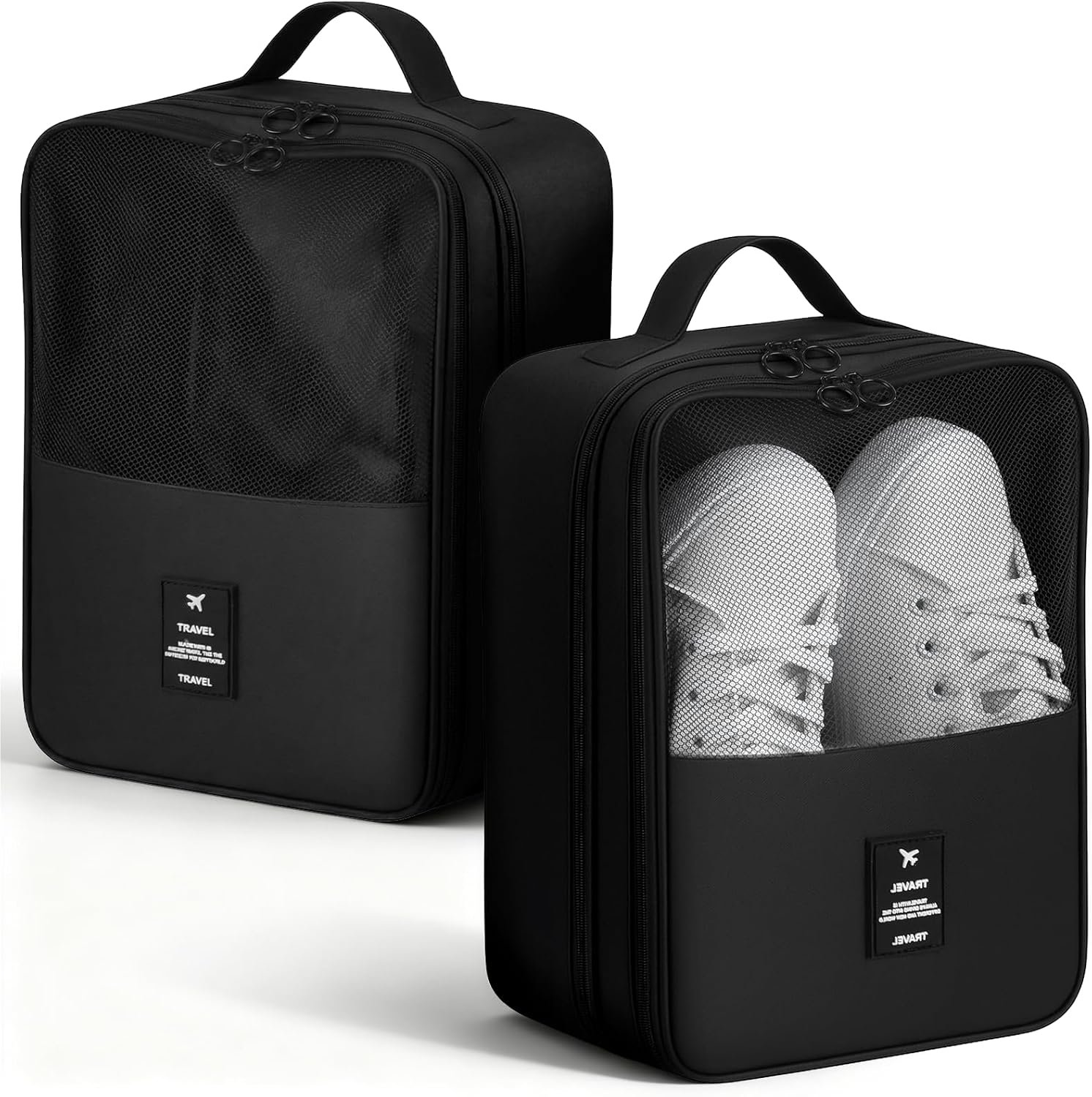 Private Label 2PCS 2-Layer Portable Shoe Storage Bags for Travel Holds 3 Pairs of Shoes Custom Logo Waterproof Visual Shoe Packing Cubes with Trolley Sleeve Zipper Manufacturer Black