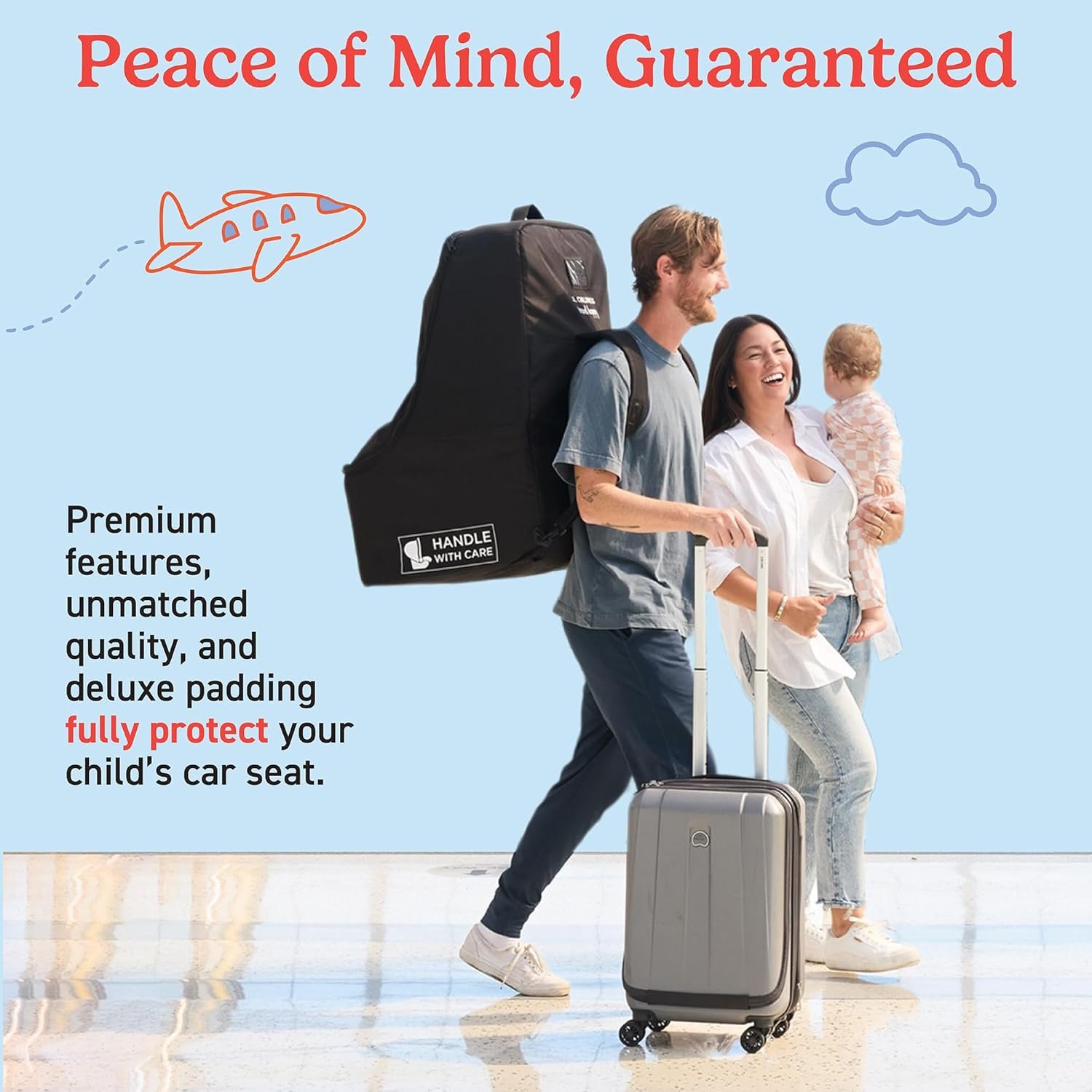 Custom Logo Padded Backpack Car Seat Bag - Private Label Airplane Travel Bag Fits Most Baby & Infant Carriers & Boosters Gate Check AirTag Compatible - Deluxe Black Manufacturer