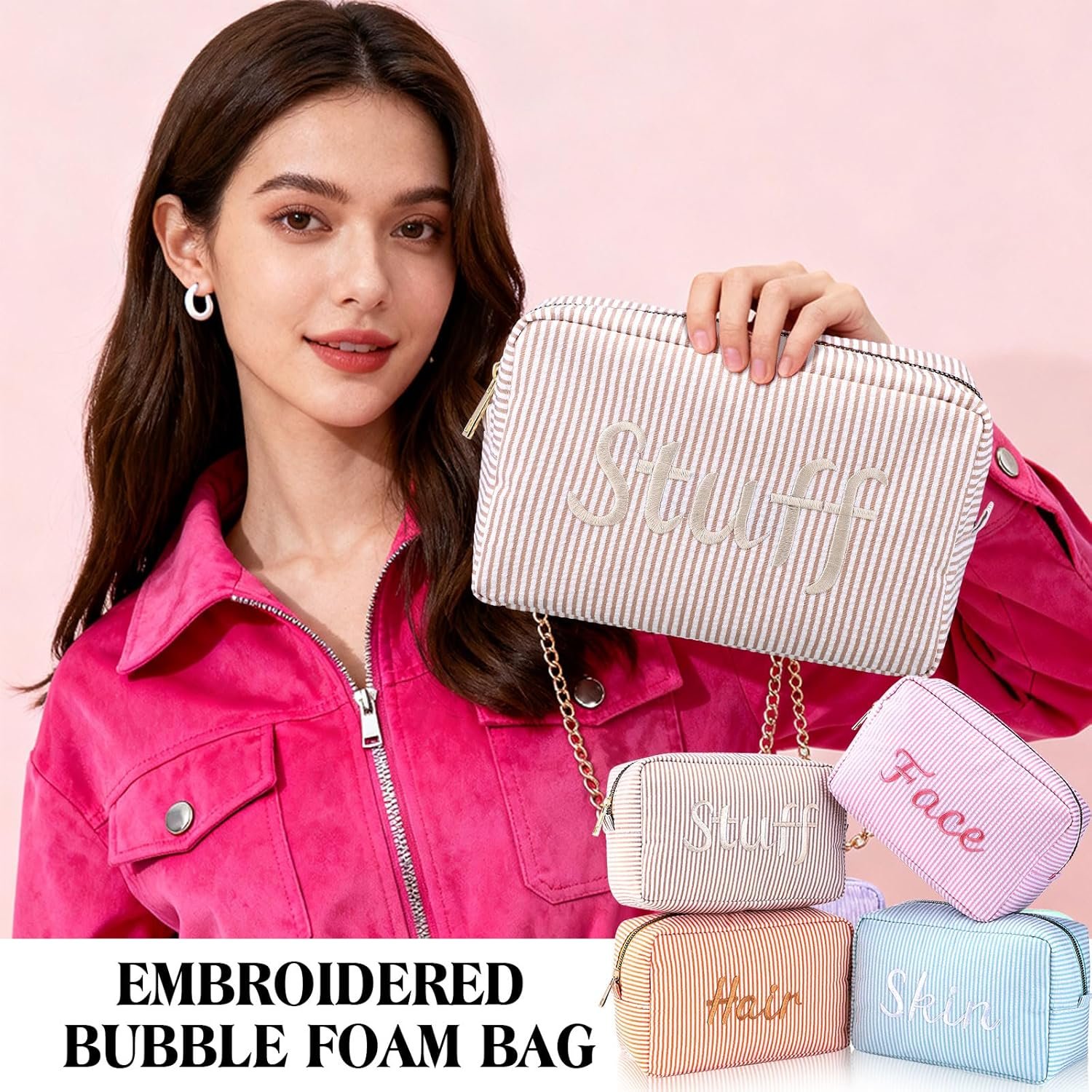 Private Label 4 Pcs Large Seersucker Cosmetic Bags Custom Logo Embroidered Letters Preppy Makeup Bag with Zipper Aesthetic Striped Travel Toiletry Pouch for Cosmetics Brushes Skincare Manufacturer