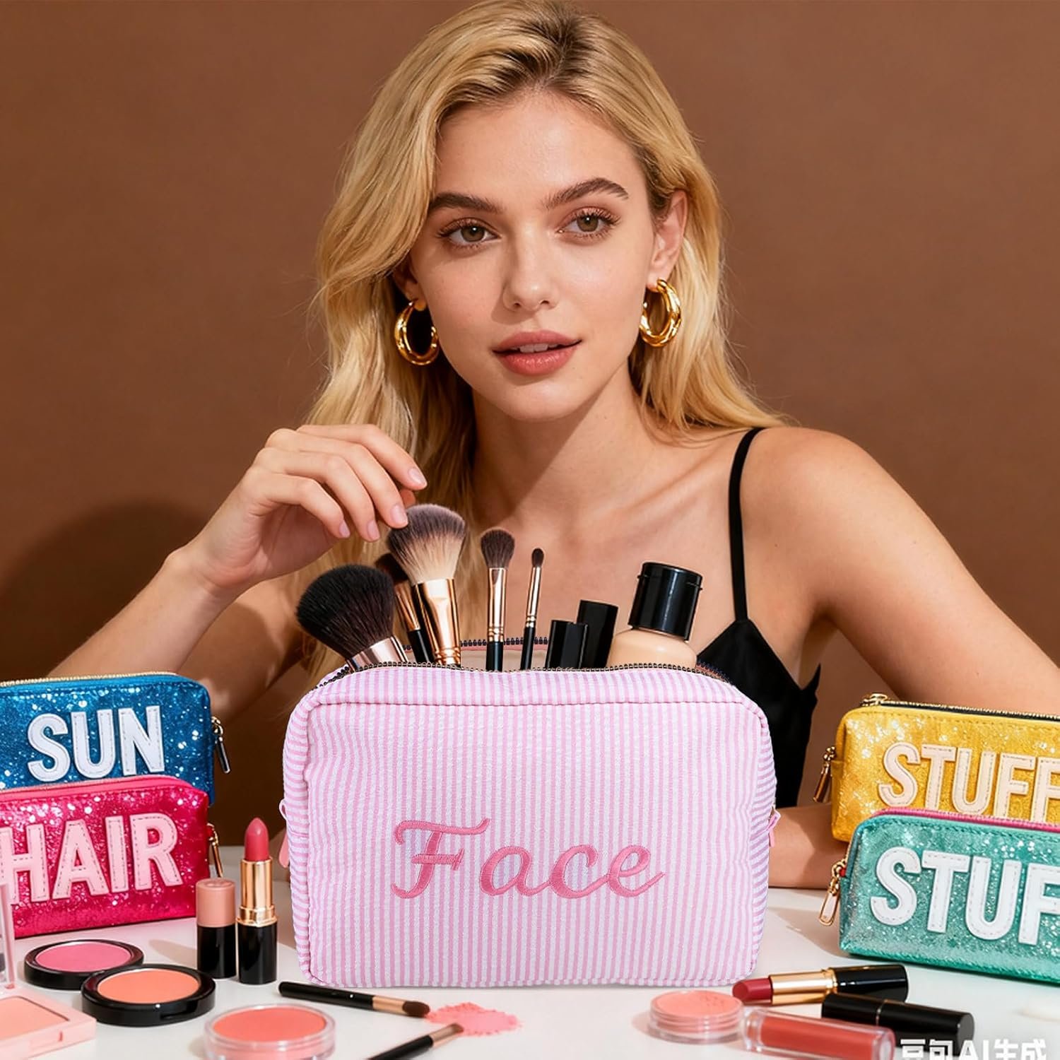 Private Label 4 Pcs Large Seersucker Cosmetic Bags Custom Logo Embroidered Letters Preppy Makeup Bag with Zipper Aesthetic Striped Travel Toiletry Pouch for Cosmetics Brushes Skincare Manufacturer