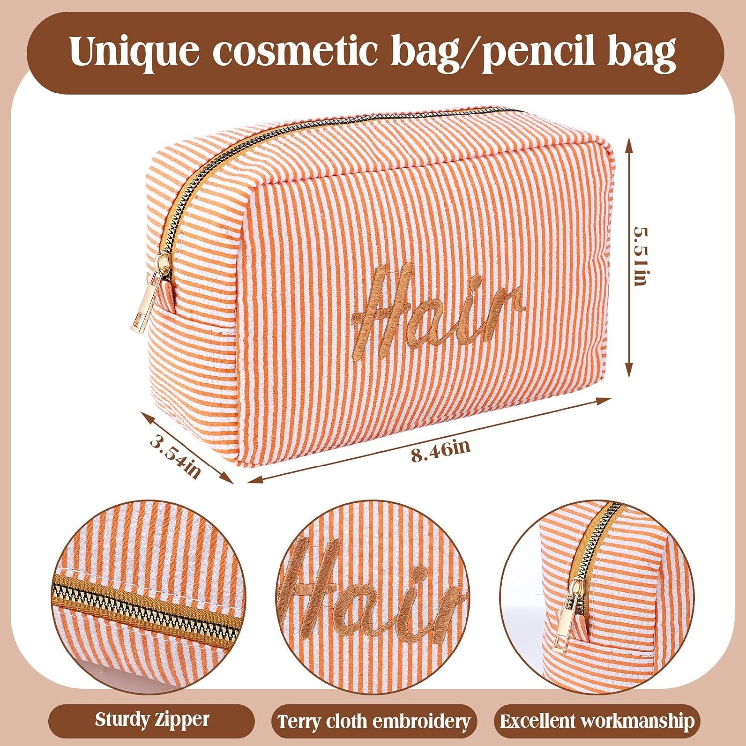 Private Label 4 Pcs Large Seersucker Cosmetic Bags Custom Logo Embroidered Letters Preppy Makeup Bag with Zipper Aesthetic Striped Travel Toiletry Pouch for Cosmetics Brushes Skincare Manufacturer