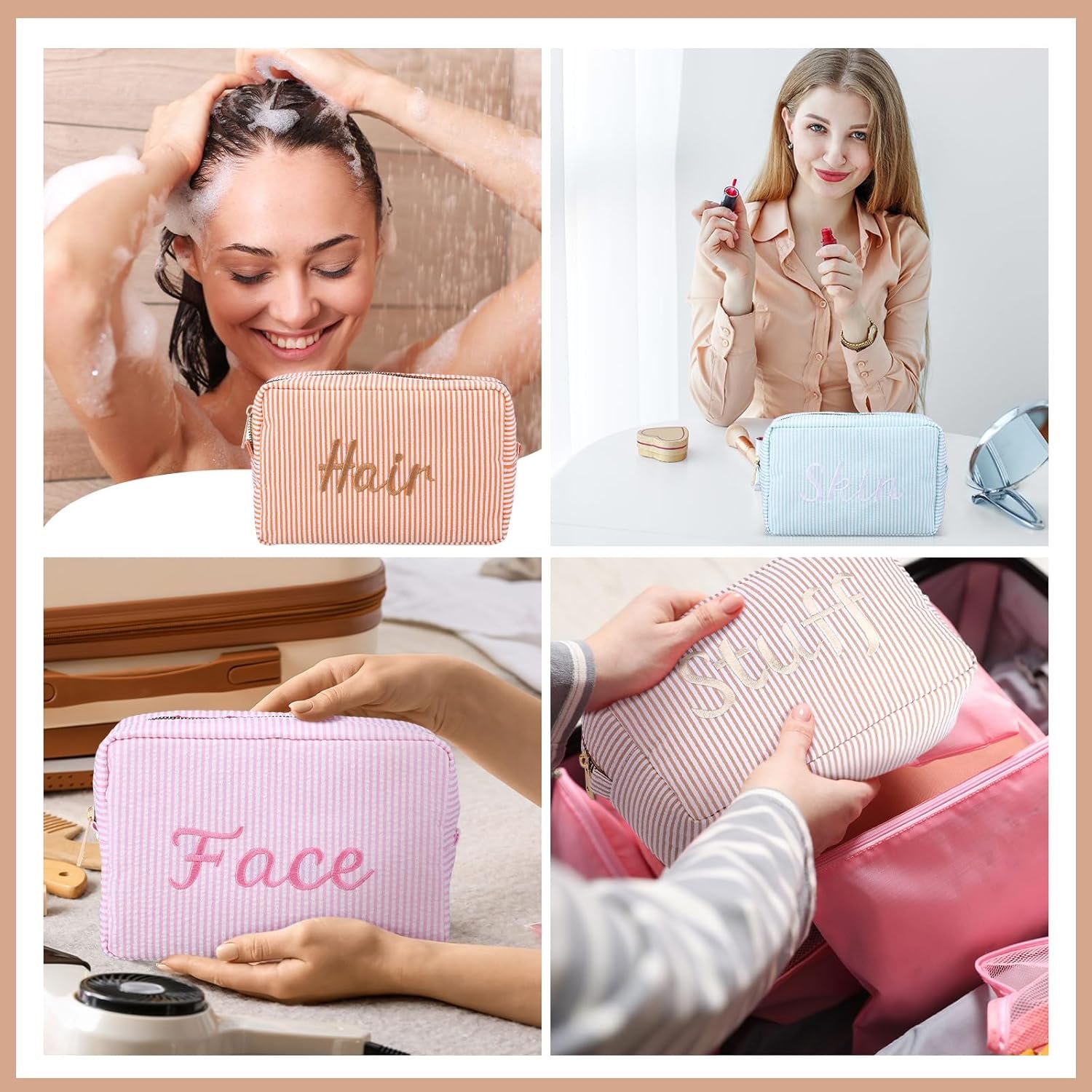 Private Label 4 Pcs Large Seersucker Cosmetic Bags Custom Logo Embroidered Letters Preppy Makeup Bag with Zipper Aesthetic Striped Travel Toiletry Pouch for Cosmetics Brushes Skincare Manufacturer