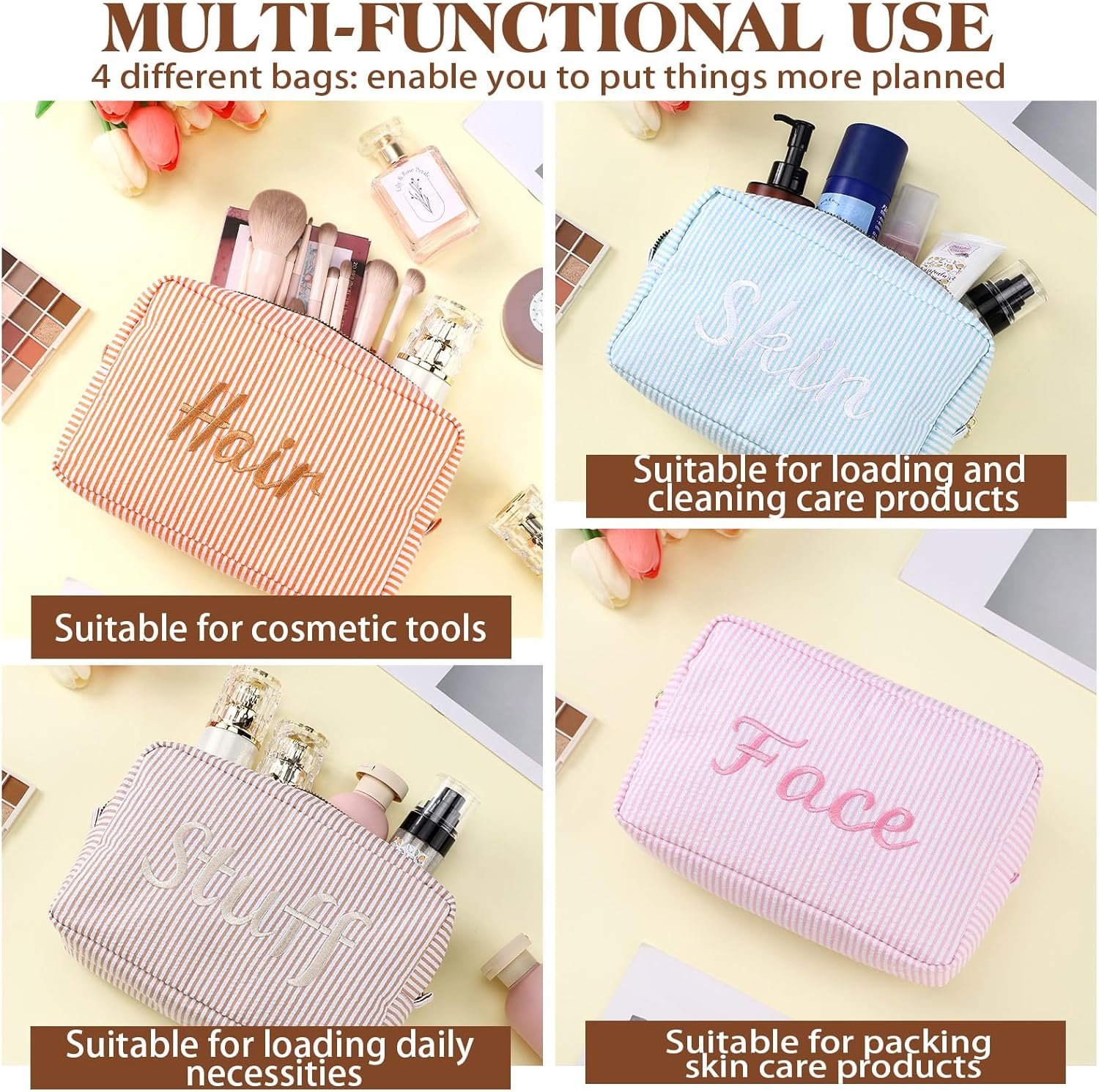 Private Label 4 Pcs Large Seersucker Cosmetic Bags Custom Logo Embroidered Letters Preppy Makeup Bag with Zipper Aesthetic Striped Travel Toiletry Pouch for Cosmetics Brushes Skincare Manufacturer
