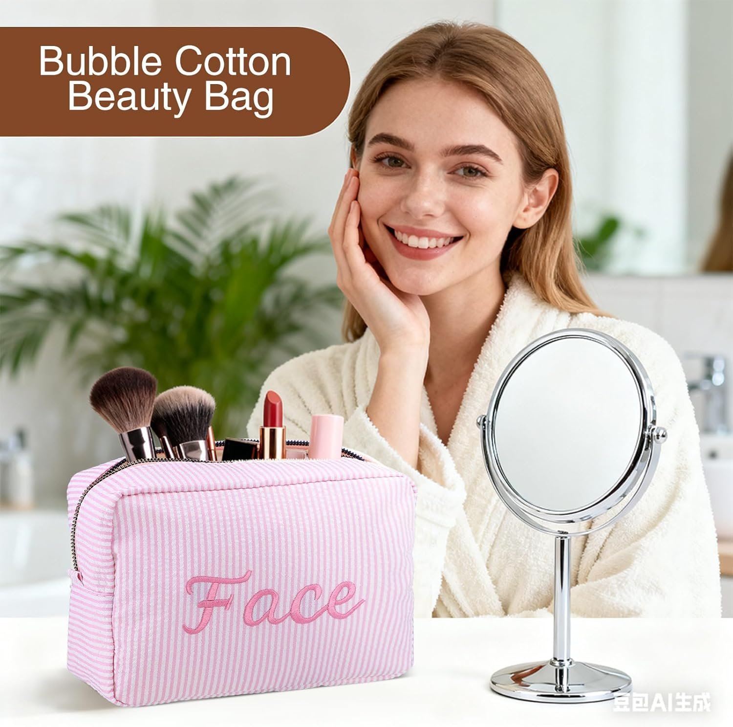 Private Label 4 Pcs Large Seersucker Cosmetic Bags Custom Logo Embroidered Letters Preppy Makeup Bag with Zipper Aesthetic Striped Travel Toiletry Pouch for Cosmetics Brushes Skincare Manufacturer