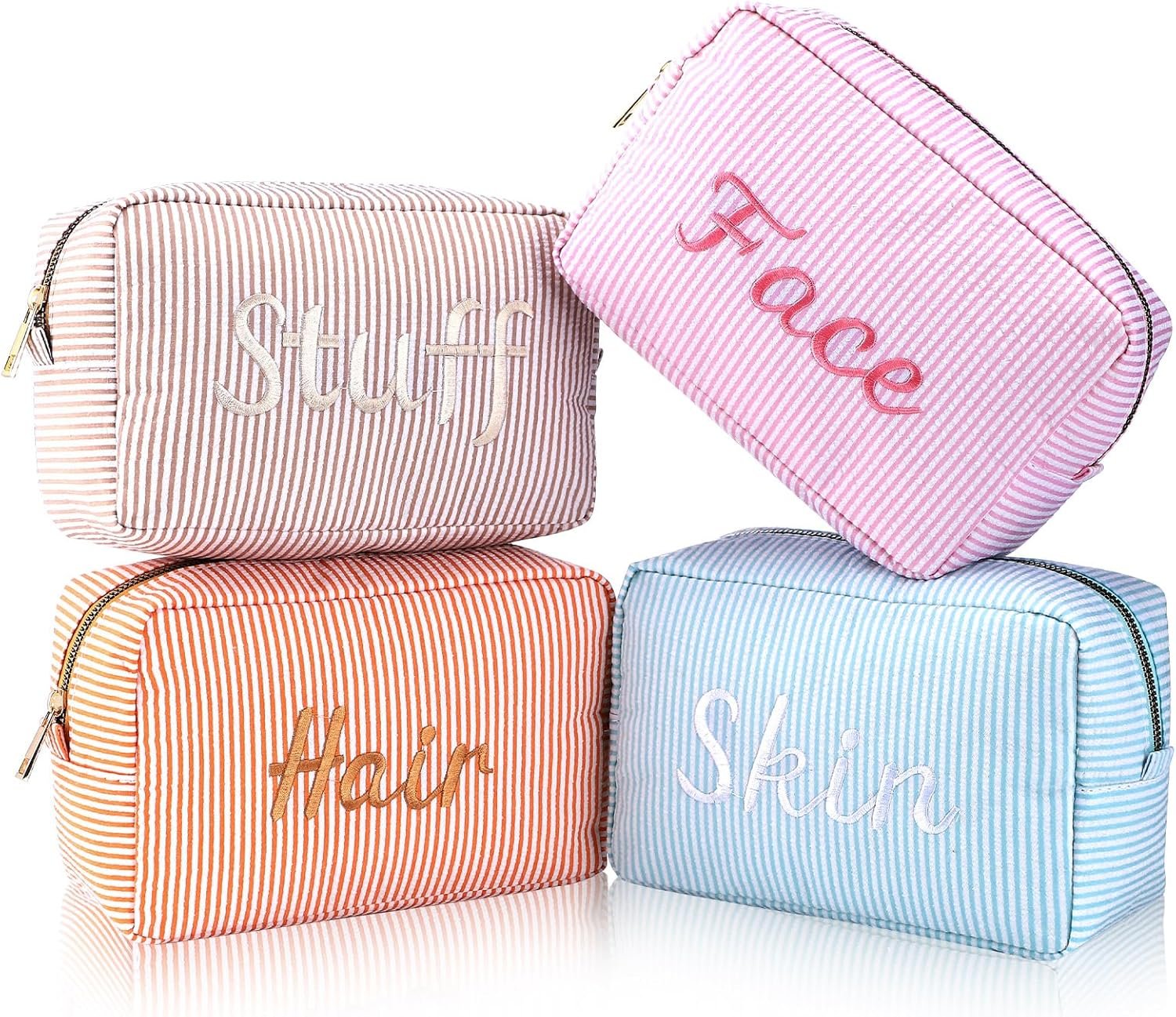 Private Label 4 Pcs Large Seersucker Cosmetic Bags Custom Logo Embroidered Letters Preppy Makeup Bag with Zipper Aesthetic Striped Travel Toiletry Pouch for Cosmetics Brushes Skincare Manufacturer