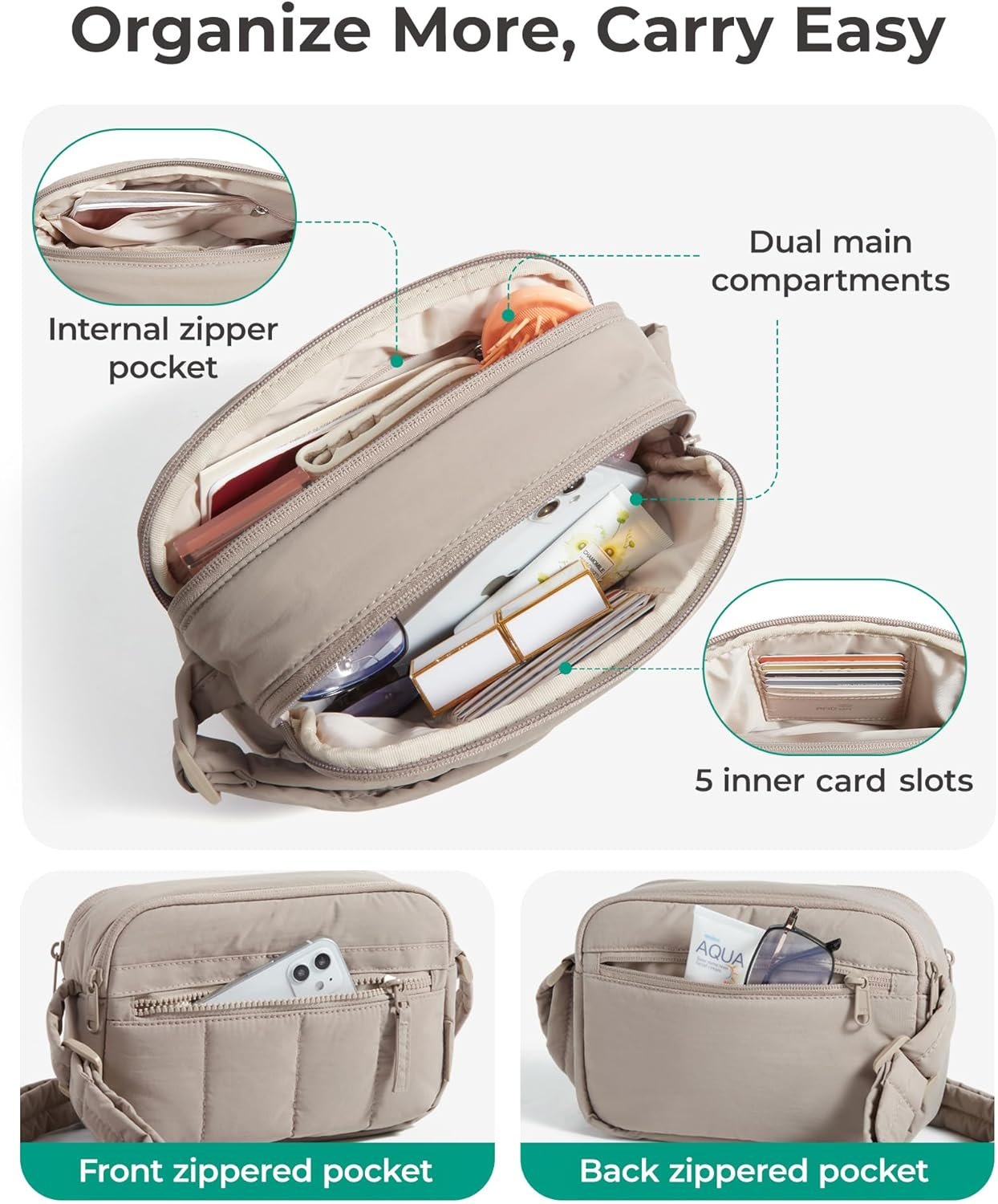 Custom Logo Mini Crossbody Bags for Women, Private Label Travel Purse Puffy Shoulder Handbag Wallet with RFID Blocking Slots from Manufacturer, Green