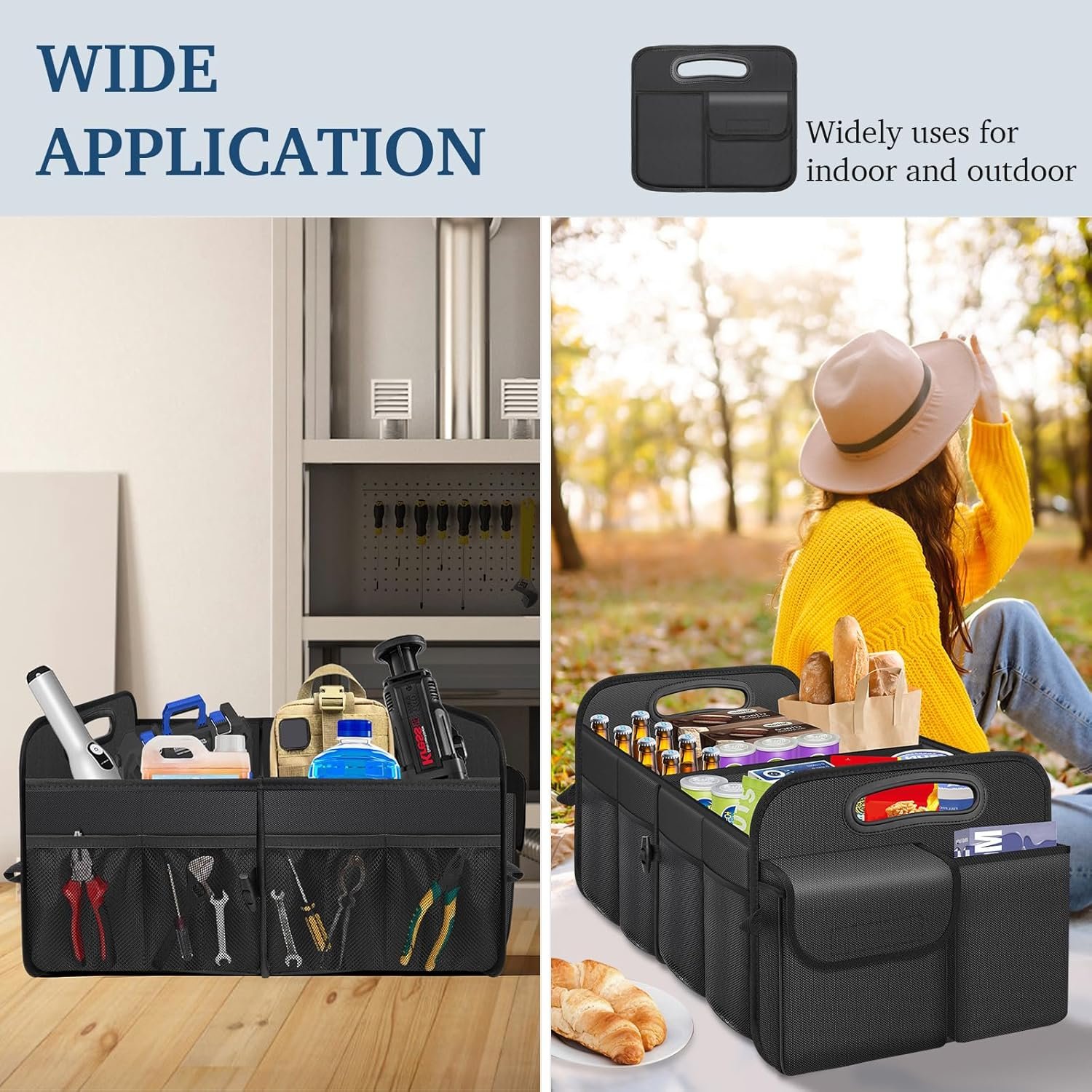 Custom Logo Car Trunk Organizer Private Label with Large Capacity Waterproof Collapsible for SUV/Jeep/Sedan Women & Men Manufacturer Direct (Black, Standard)