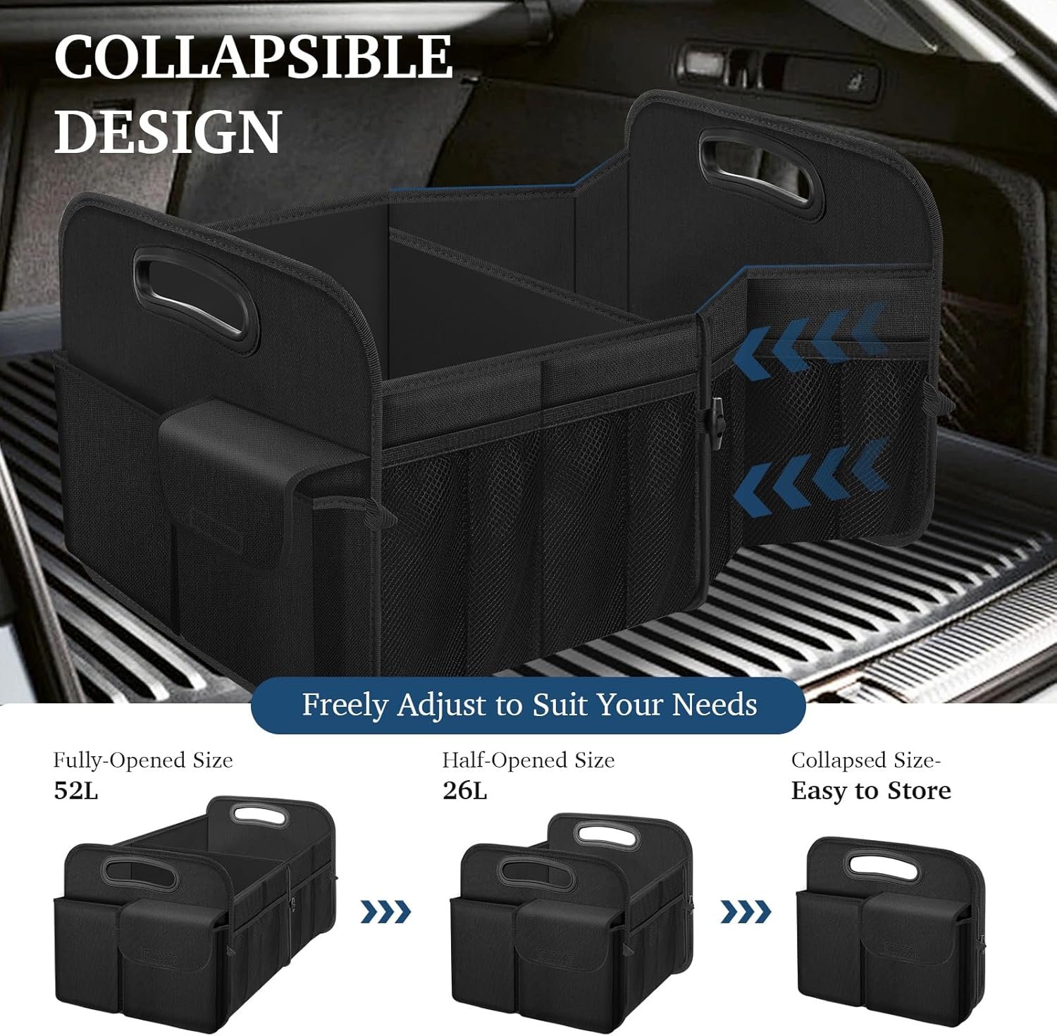 Custom Logo Car Trunk Organizer Private Label with Large Capacity Waterproof Collapsible for SUV/Jeep/Sedan Women & Men Manufacturer Direct (Black, Standard)