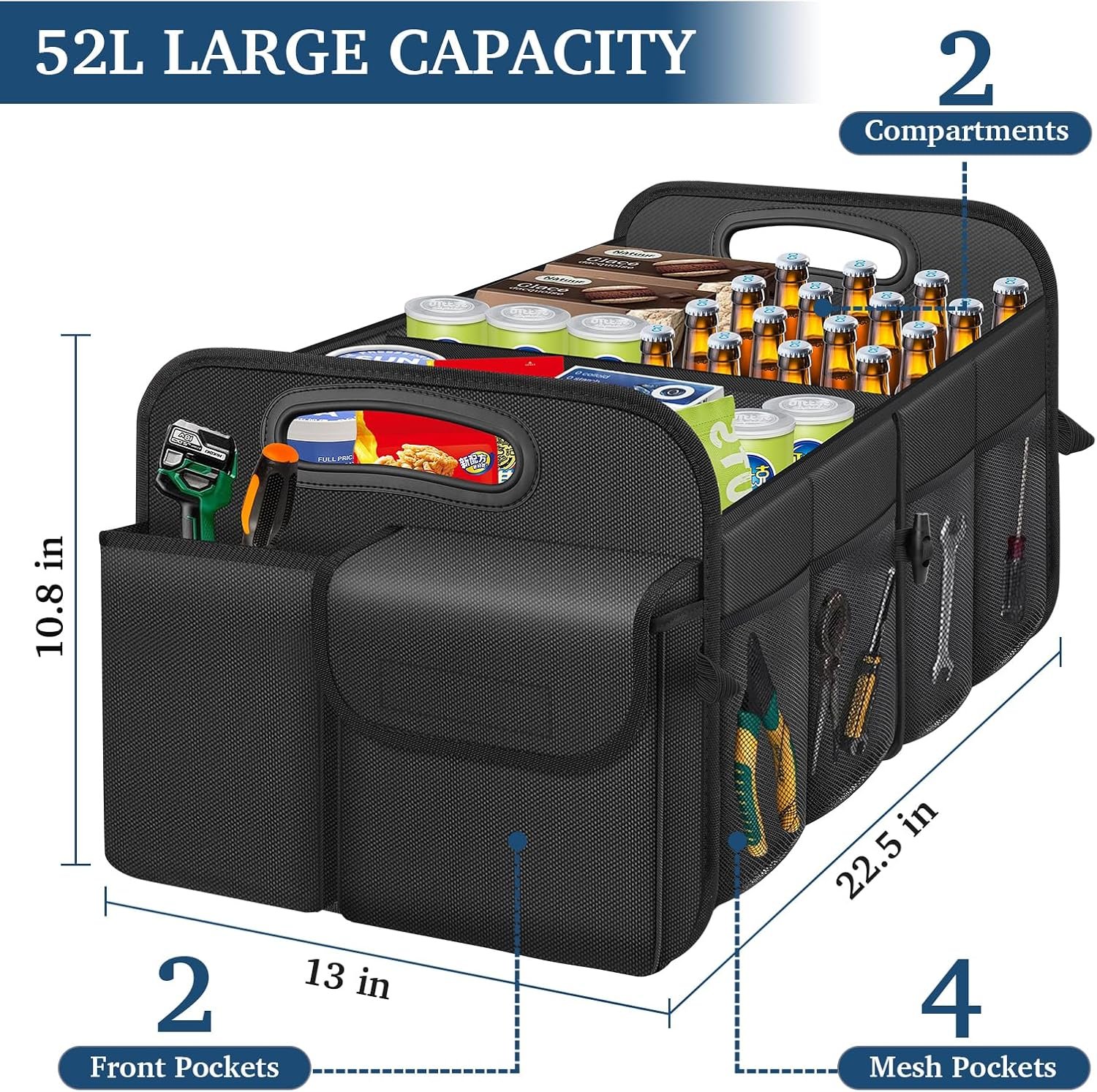 Custom Logo Car Trunk Organizer Private Label with Large Capacity Waterproof Collapsible for SUV/Jeep/Sedan Women & Men Manufacturer Direct (Black, Standard)