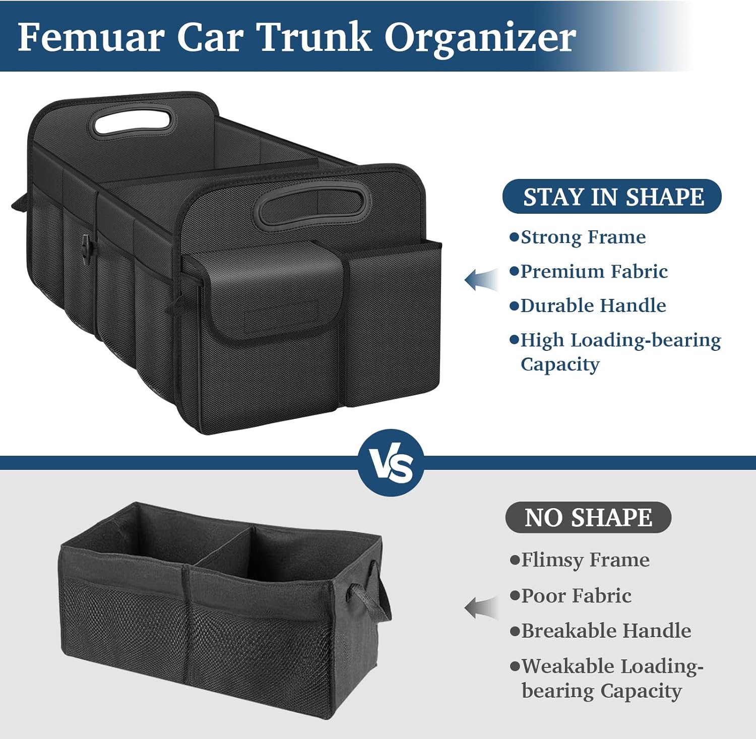 Custom Logo Car Trunk Organizer Private Label with Large Capacity Waterproof Collapsible for SUV/Jeep/Sedan Women & Men Manufacturer Direct (Black, Standard)