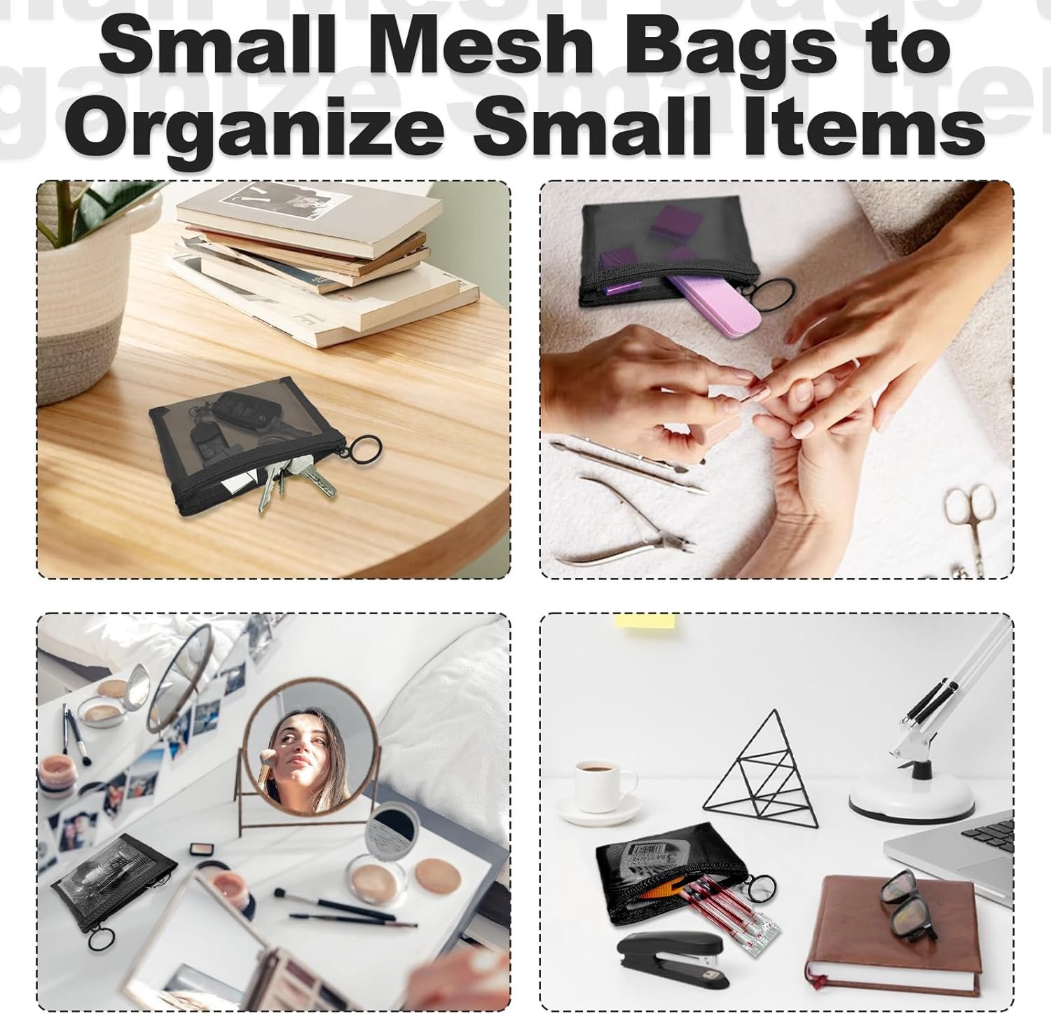 Private Label Mini Mesh Pouches 4 Pack Small Zipper Nylon Bags Custom Logo for Makeup Cosmetics Travel Purse Diaper Bag Organizers See Through Cute Black Manufacturer