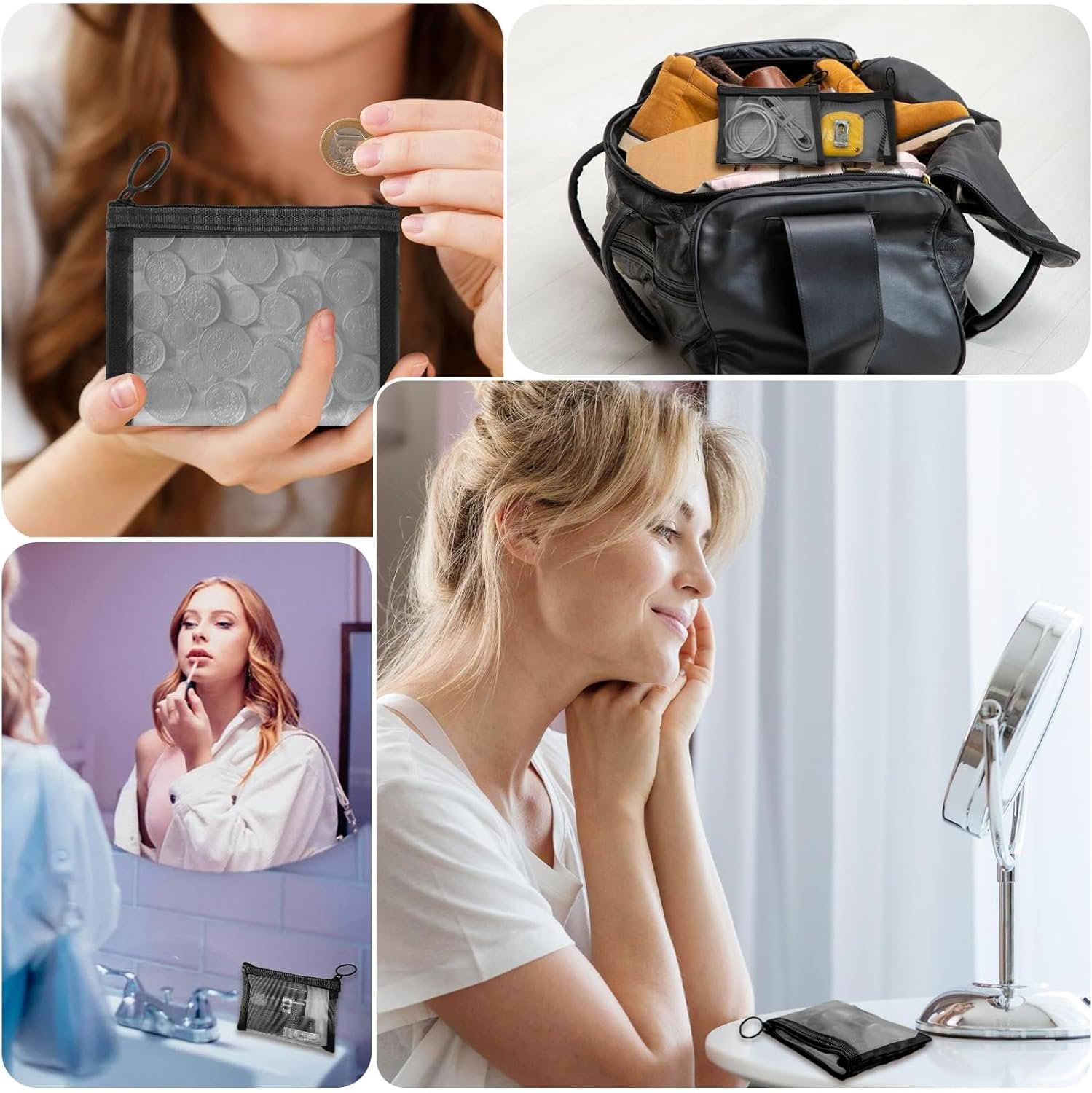 Private Label Mini Mesh Pouches 4 Pack Small Zipper Nylon Bags Custom Logo for Makeup Cosmetics Travel Purse Diaper Bag Organizers See Through Cute Black Manufacturer