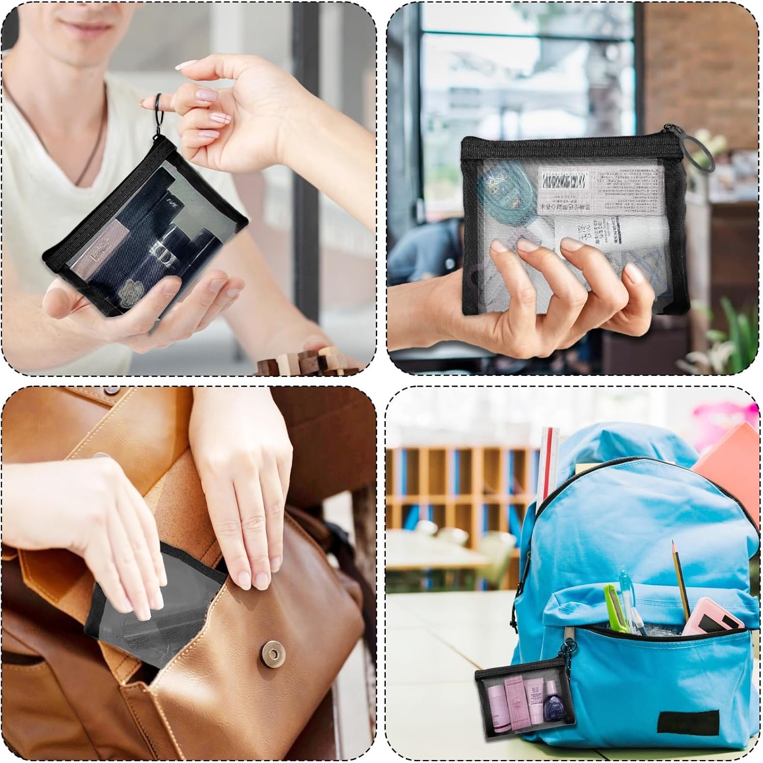 Private Label Mini Mesh Pouches 4 Pack Small Zipper Nylon Bags Custom Logo for Makeup Cosmetics Travel Purse Diaper Bag Organizers See Through Cute Black Manufacturer