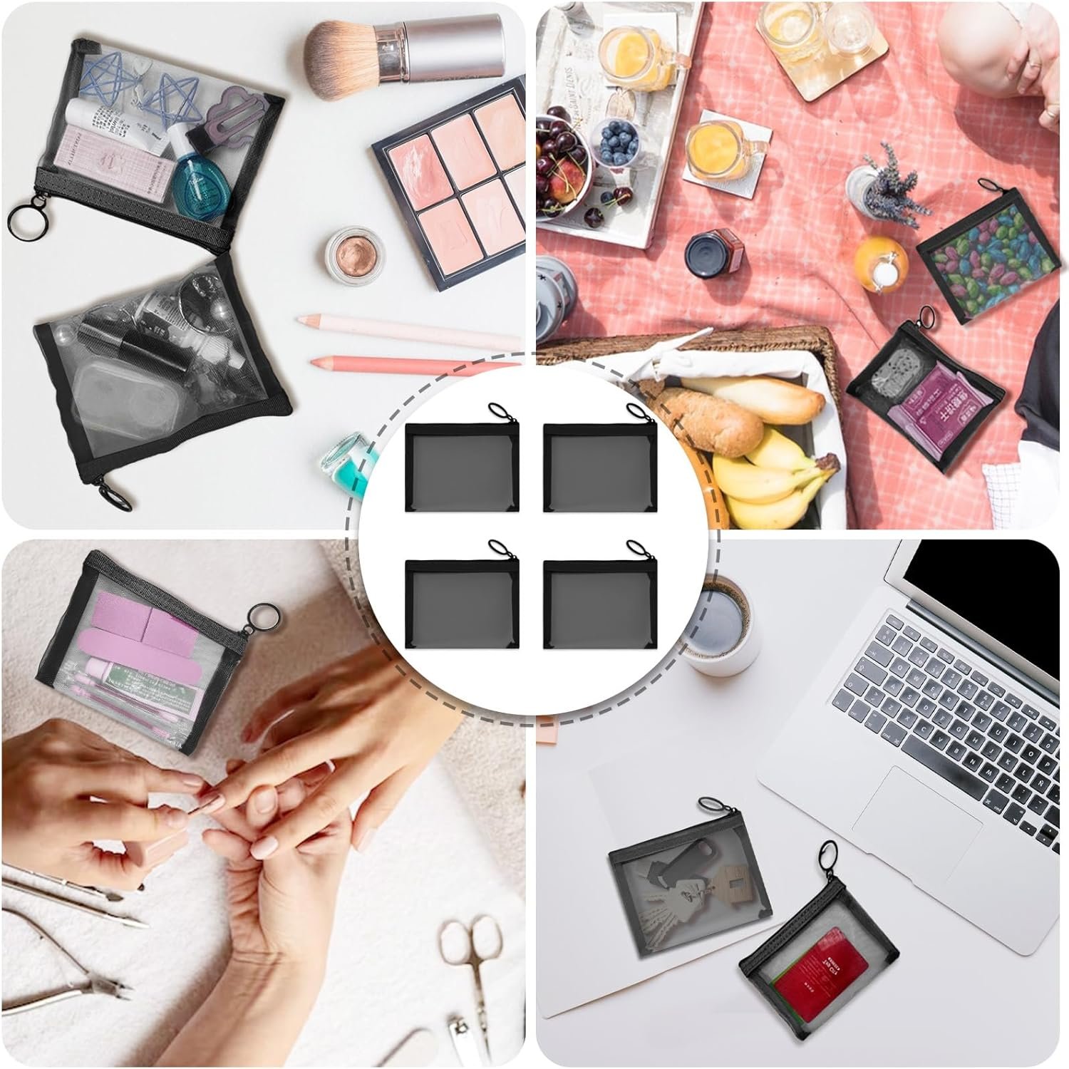 Private Label Mini Mesh Pouches 4 Pack Small Zipper Nylon Bags Custom Logo for Makeup Cosmetics Travel Purse Diaper Bag Organizers See Through Cute Black Manufacturer