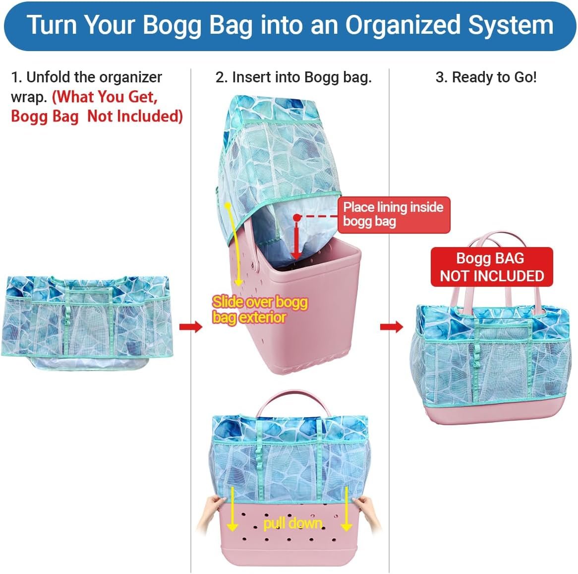 Private Label Custom Fit Organizer Bag Insert Only for Original Large XL Rubber Tote with Custom Logo Zippered Inner Liner Pouch from Manufacturer for Beach Travel Sports (SEA GLASS, LARGE)