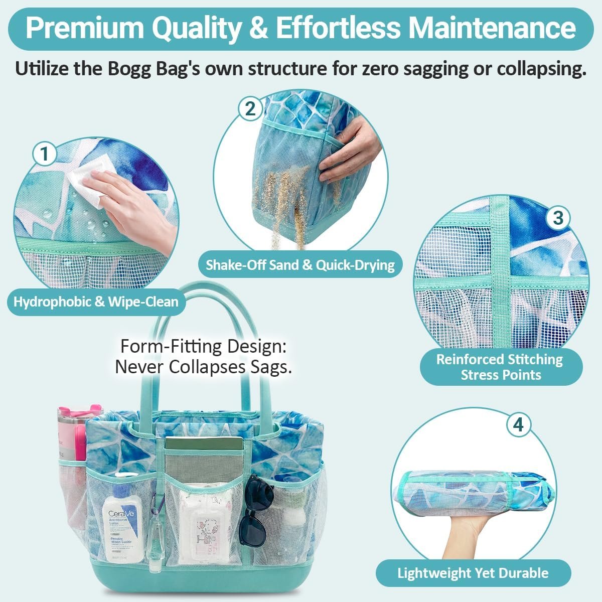 Private Label Custom Fit Organizer Bag Insert Only for Original Large XL Rubber Tote with Custom Logo Zippered Inner Liner Pouch from Manufacturer for Beach Travel Sports (SEA GLASS, LARGE)