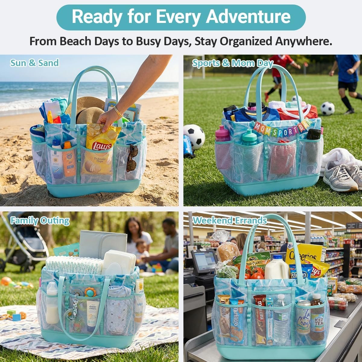 Private Label Custom Fit Organizer Bag Insert Only for Original Large XL Rubber Tote with Custom Logo Zippered Inner Liner Pouch from Manufacturer for Beach Travel Sports (SEA GLASS, LARGE)