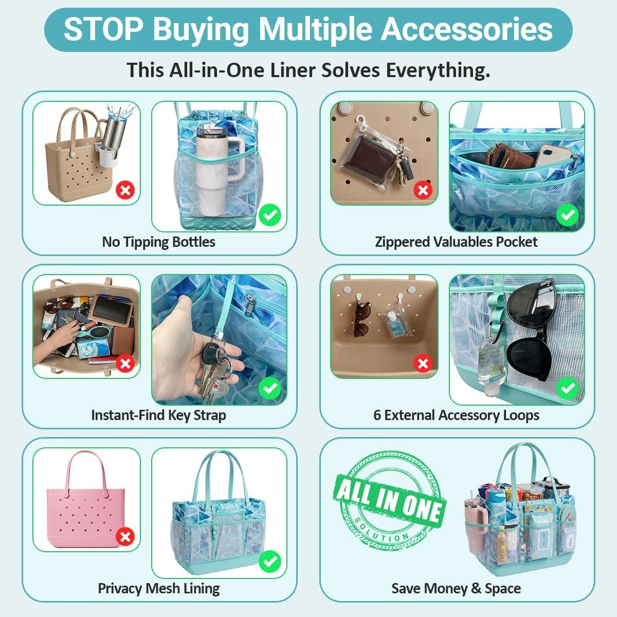 Private Label Custom Fit Organizer Bag Insert Only for Original Large XL Rubber Tote with Custom Logo Zippered Inner Liner Pouch from Manufacturer for Beach Travel Sports (SEA GLASS, LARGE)