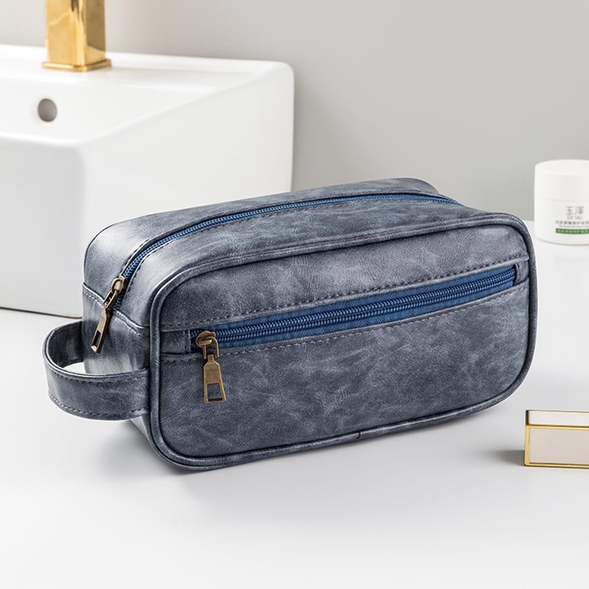 Custom Logo Vintage PU Leather Travel Toiletry Bags for Men, Private Label Bathroom Shaving Dopp Kit Toiletries Organizer, Manufacturer Gifts for Wedding Christmas New Year (Blue)