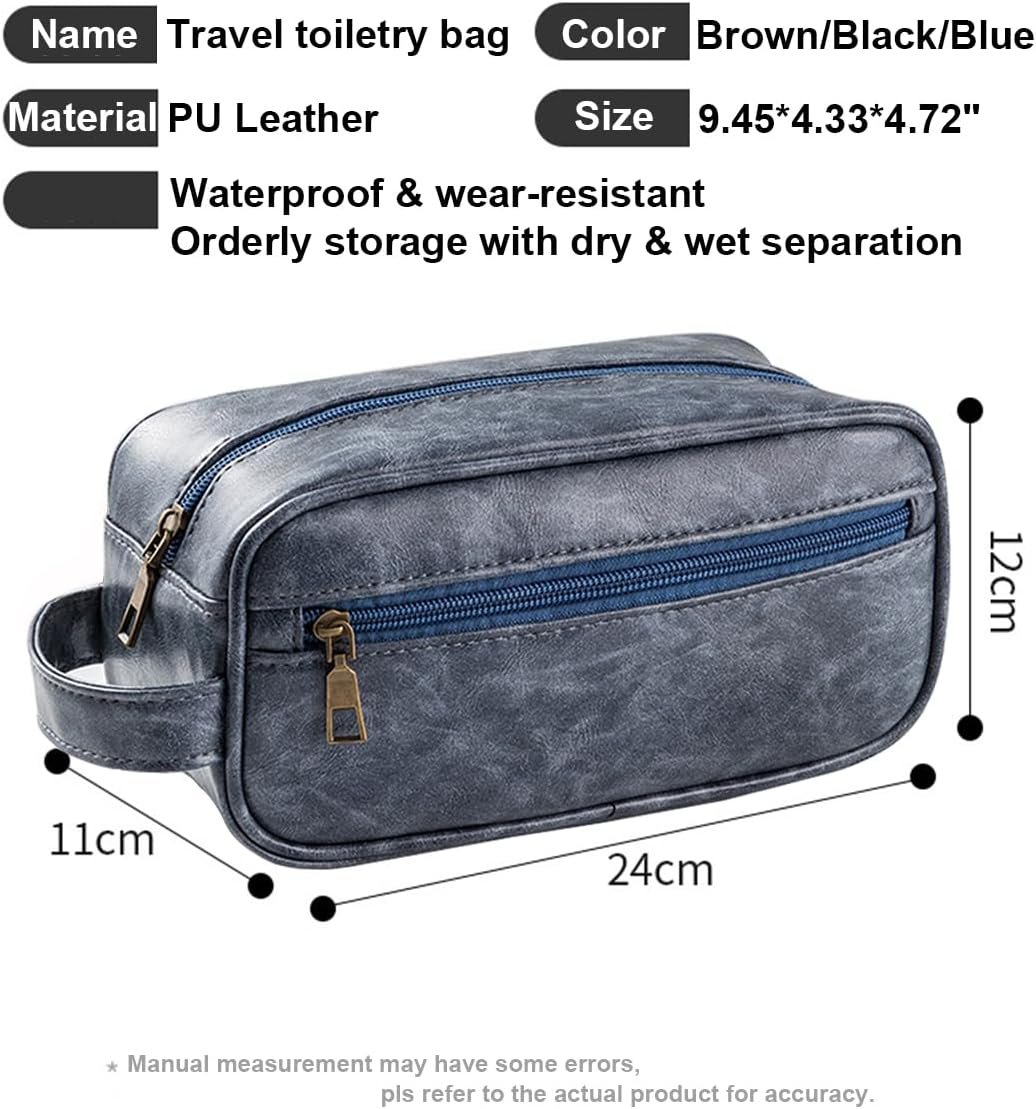Custom Logo Vintage PU Leather Travel Toiletry Bags for Men, Private Label Bathroom Shaving Dopp Kit Toiletries Organizer, Manufacturer Gifts for Wedding Christmas New Year (Blue)
