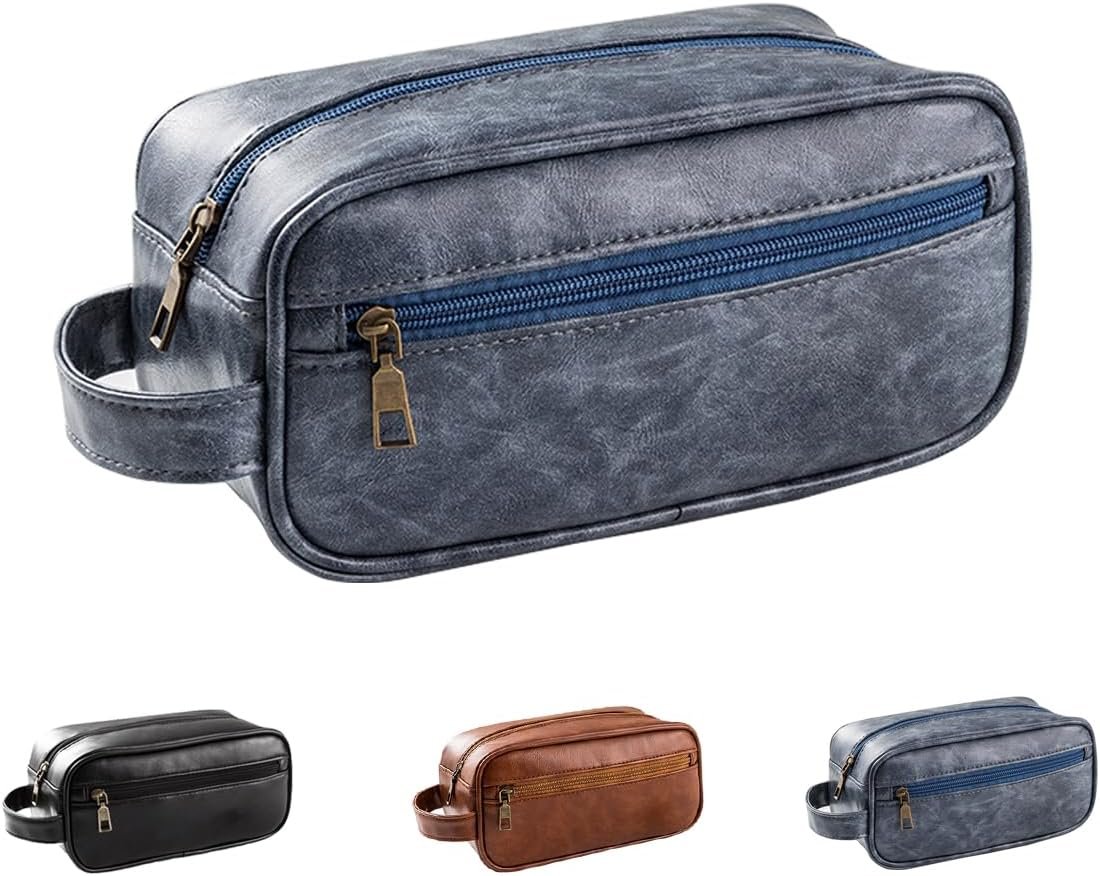 Custom Logo Vintage PU Leather Travel Toiletry Bags for Men, Private Label Bathroom Shaving Dopp Kit Toiletries Organizer, Manufacturer Gifts for Wedding Christmas New Year (Blue)