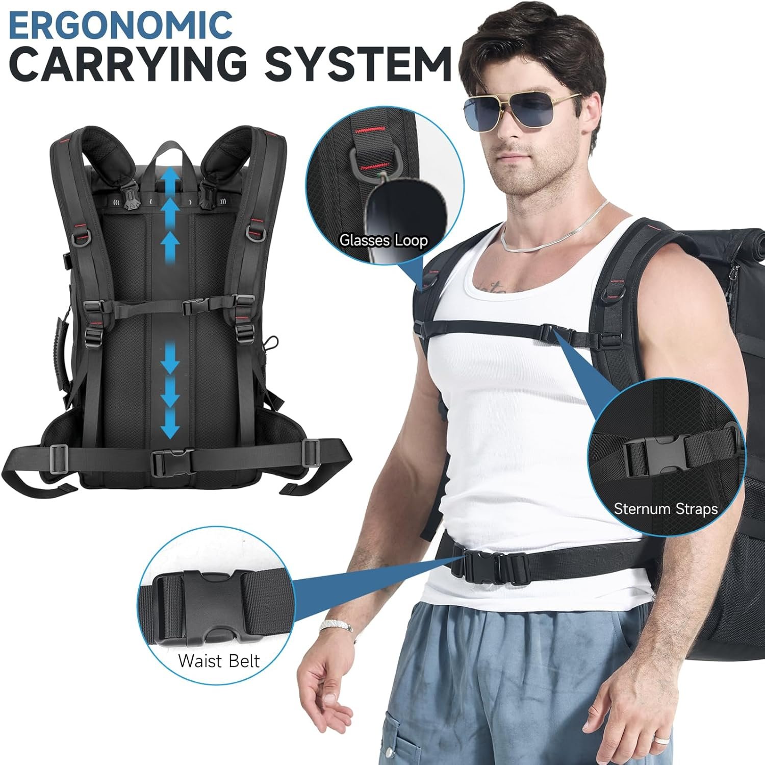 Private Label 60L Large Travel Backpack for Men 17 Inch Laptop Carry On USB Charging Port Shoe Compartment Hidden Stretch Mesh Pocket Custom Logo Convertible Duffel Bag Manufacturer for Hiking Weekender Overnight Trip