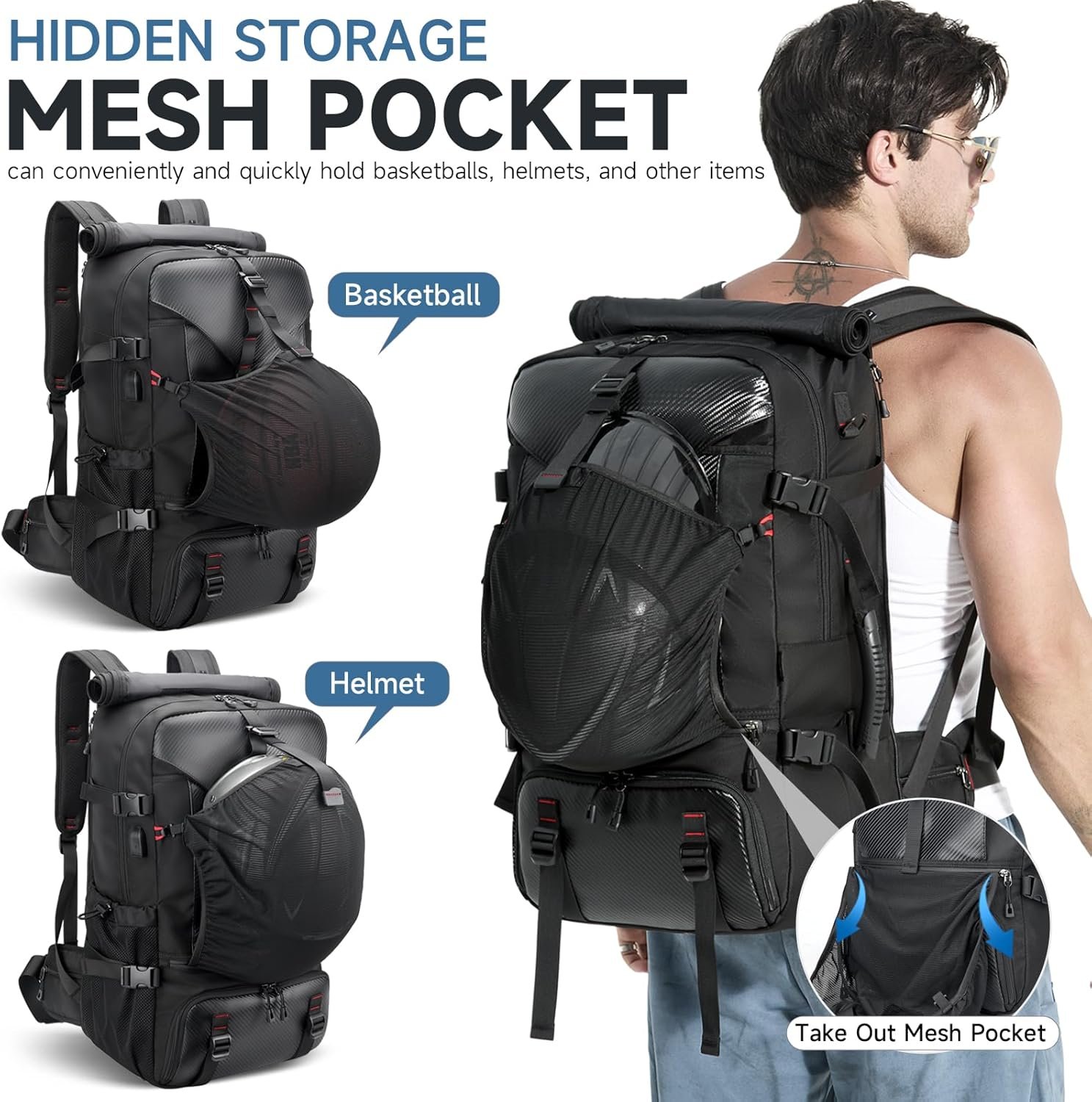 Private Label 60L Large Travel Backpack for Men 17 Inch Laptop Carry On USB Charging Port Shoe Compartment Hidden Stretch Mesh Pocket Custom Logo Convertible Duffel Bag Manufacturer for Hiking Weekender Overnight Trip