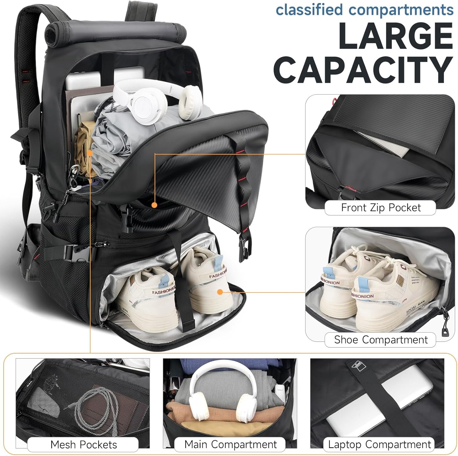 Private Label 60L Large Travel Backpack for Men 17 Inch Laptop Carry On USB Charging Port Shoe Compartment Hidden Stretch Mesh Pocket Custom Logo Convertible Duffel Bag Manufacturer for Hiking Weekender Overnight Trip