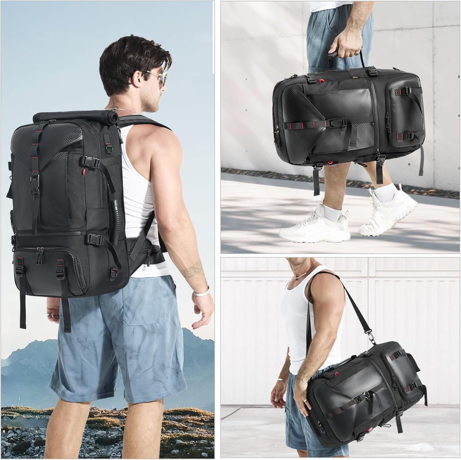 Private Label 60L Large Travel Backpack for Men 17 Inch Laptop Carry On USB Charging Port Shoe Compartment Hidden Stretch Mesh Pocket Custom Logo Convertible Duffel Bag Manufacturer for Hiking Weekender Overnight Trip