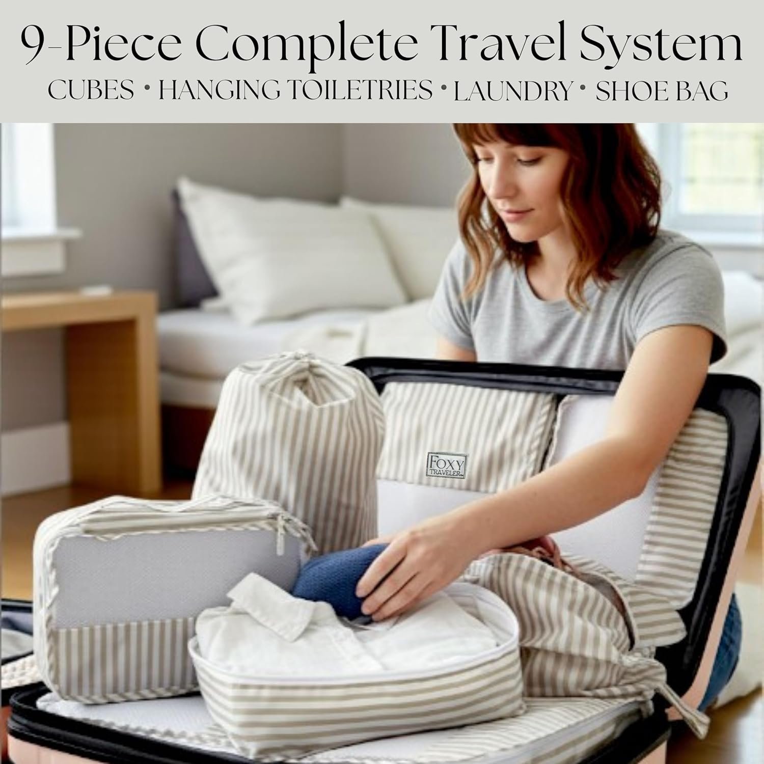 Custom Logo 9 Set Packing Cubes Private Label Suitcase Organizer Luggage Travel Bags with Hanging Toiletry Shoe Bag Travel Essentials for Women Men Kids Stripe Manufacturer Custom Logo 9 Set Packing Cubes Private Label Suitcase Organizer Luggage Travel Bags with Hanging Toiletry Shoe Bag Travel Essentials for Women Men Kids Stripe Manufacturer